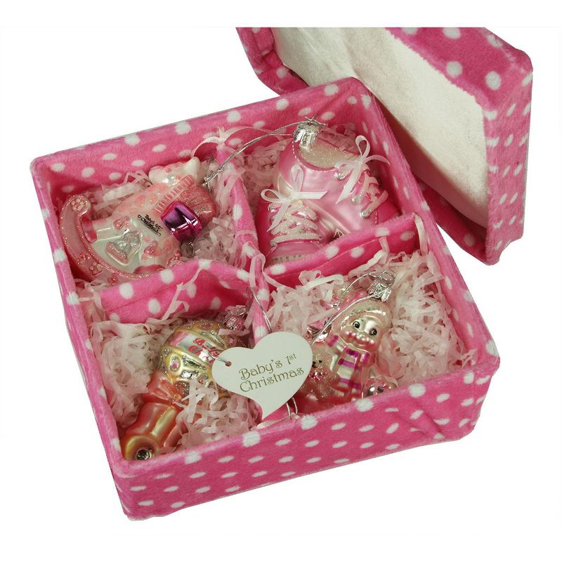 Kurt S. Adler 4-Piece Pink "Baby's First Christmas" Glass Ornament Chenille Boxed Gift Set