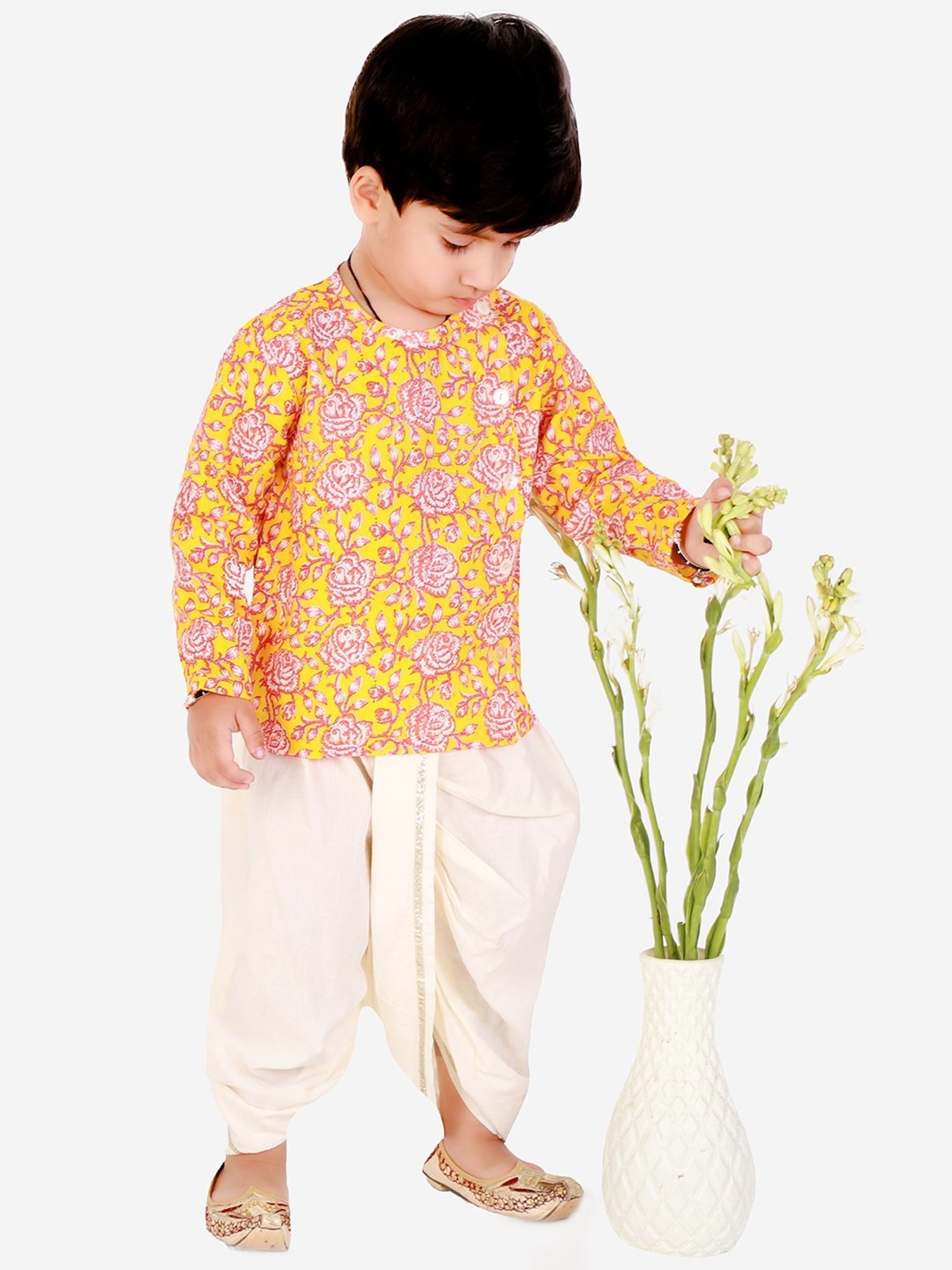Lil Drama Kids Yellow & White Cotton Printed Full Sleeves Kurta Set