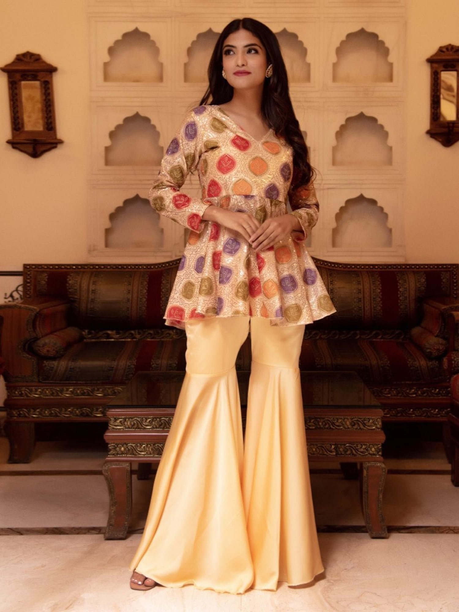 Calmna Beige Samayra Sequin Kuta with Sharara