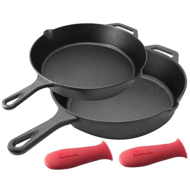 Cuisinel C12610-12 10 Inch and 12 Inch Pre Seasoned Cast Iron Skillet Frying Pan Cookware Set for Indoor and Outdoor Cooking  with Handle Covers