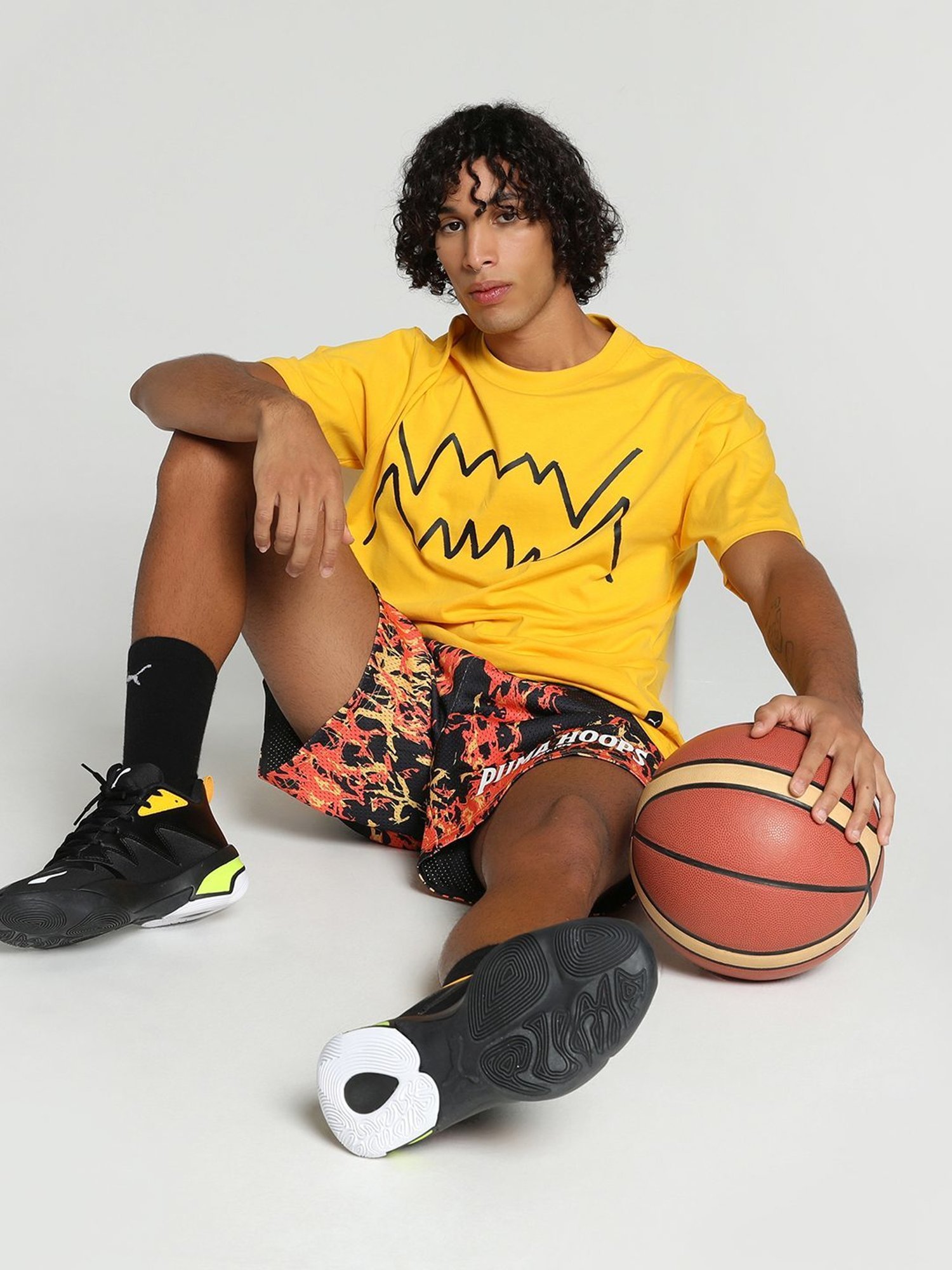 Puma Starting Lineup Yellow Sizzle Cotton Regular Fit Printed Sports T-Shirt