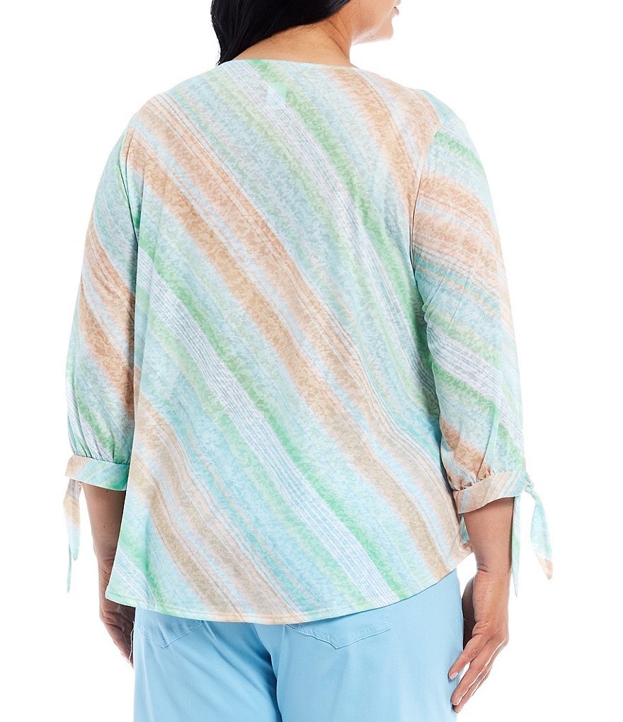 Ruby Rd. Plus Size Embellished Watercolor Stripe Jewel Neck Bow Cuff 3/4 Sleeve Top