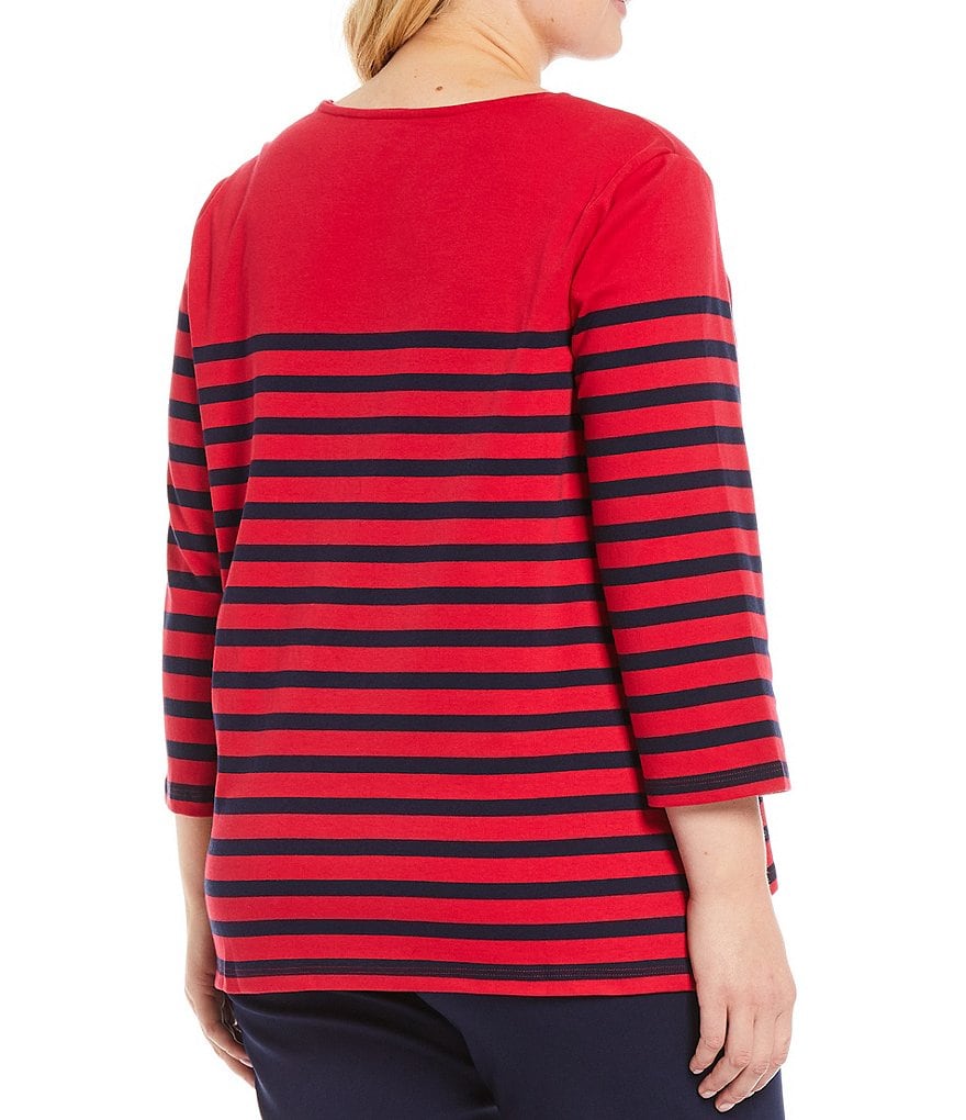 Allison Daley Plus Size Stripe Print 3/4 Sleeve Round Neck Top