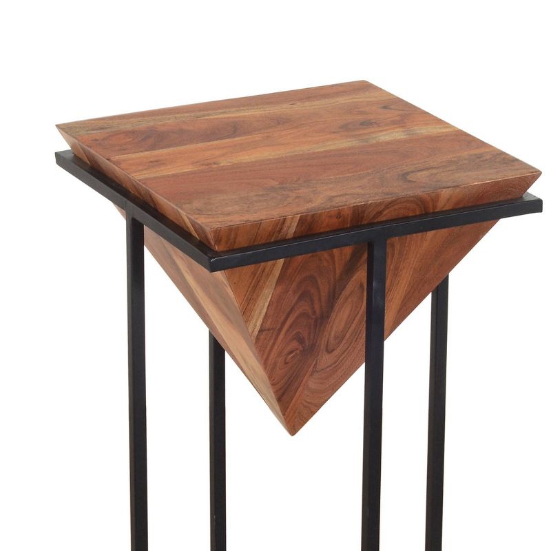 26" Pyramid Shape Wooden Side Table with Cross Metal Base Brown/Black - The Urban Port