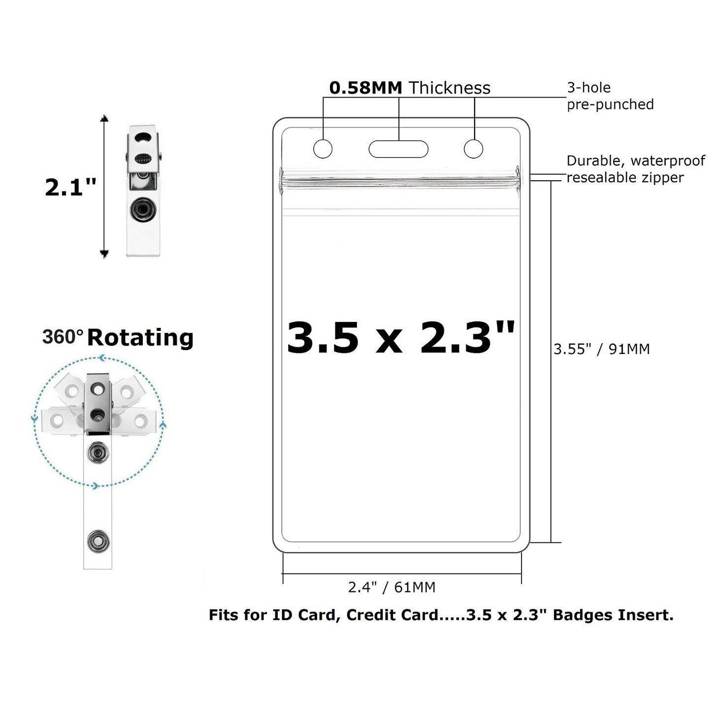 Badge Holder with Clip on Name Badge Holder Waterproof PVC ID Card Holder Vertical by ZHEGUI (50 Pack, Vertical 3.5X2.3)