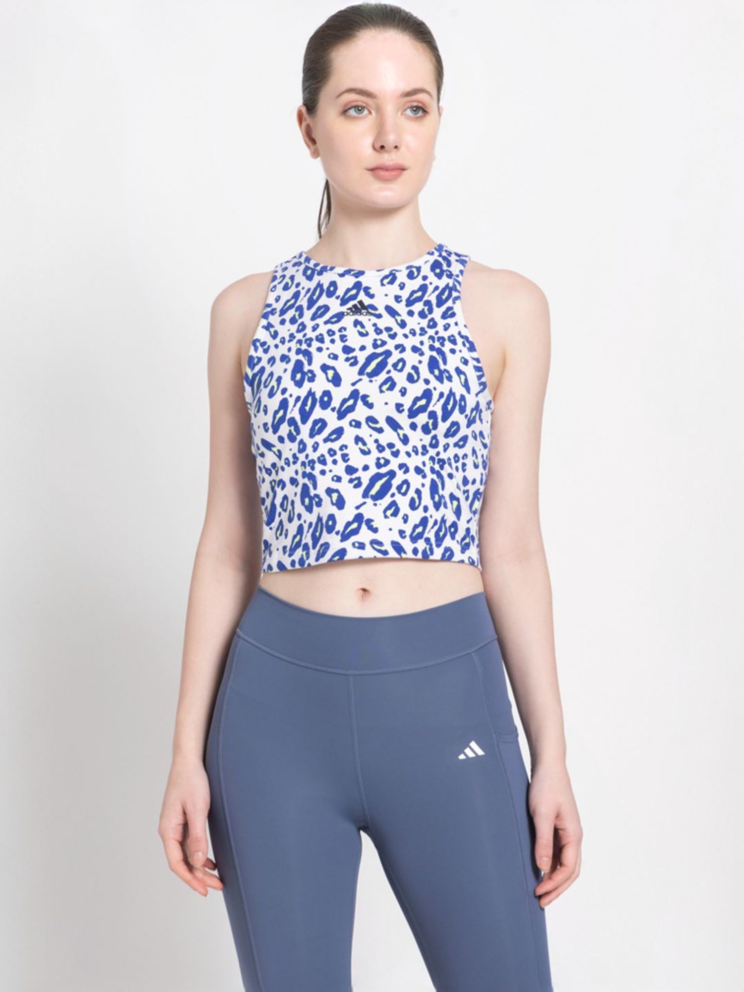 adidas White & Blue Cotton Printed Sports Crop Top