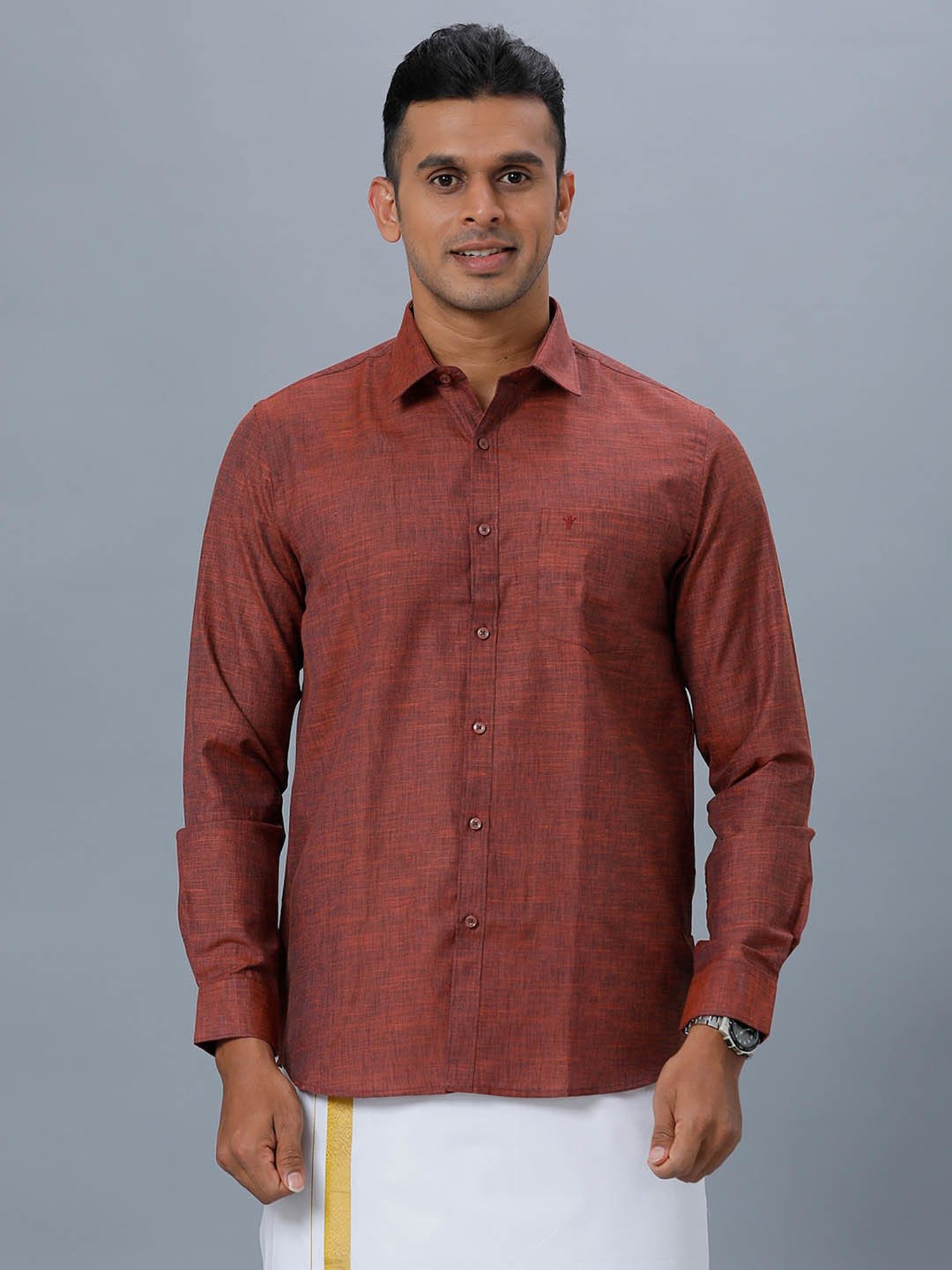 Ramraj Maroon Cotton Regular Fit Shirt