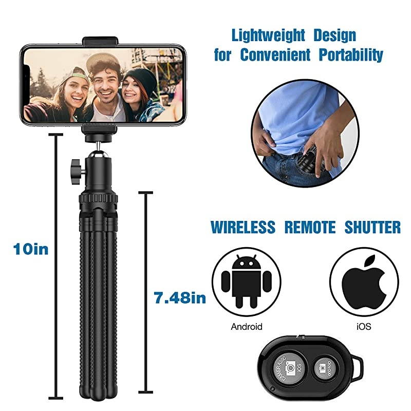 Tripod Portable Cell Camera Tripod Stand with Wireless Remote Flexible Tripod Stand for SelfiesVloggingStreamingPhotography Compatible with SmartSports Camera GoPro