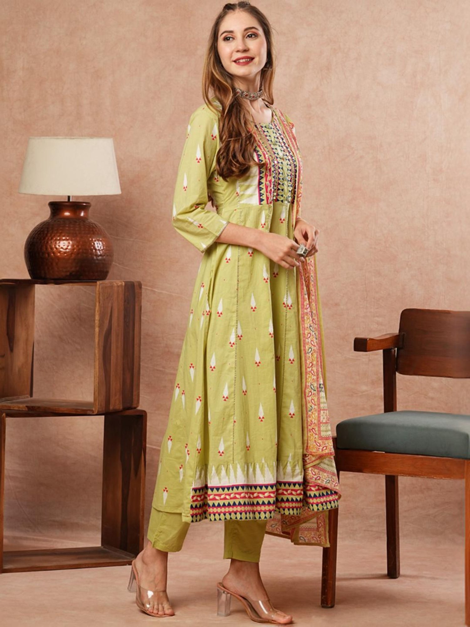 Fashor Green Cotton Printed Kurta Pant Set With Dupatta