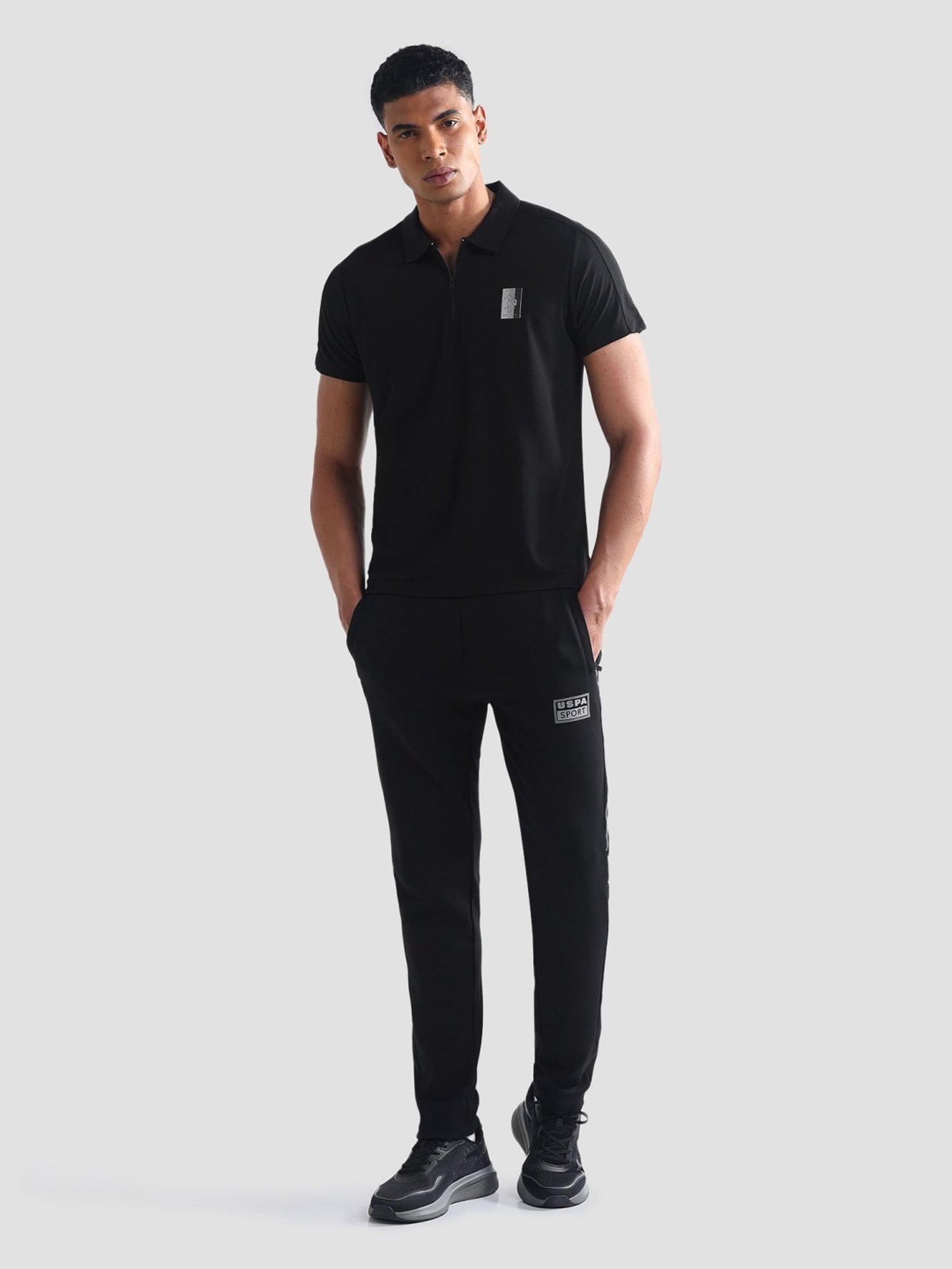 USPA Active Black Slim Fit Texture Sports Polo
