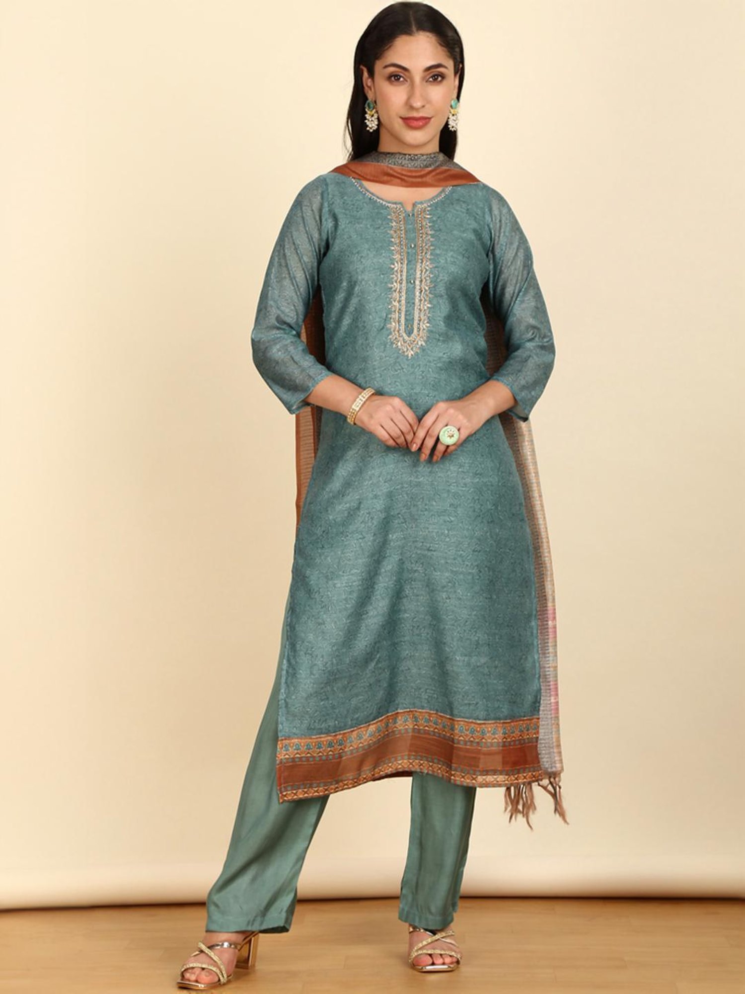 Soch Womens Turquoise Blue Floral Print Chanderi Unstitch Dress Material With Cutdana