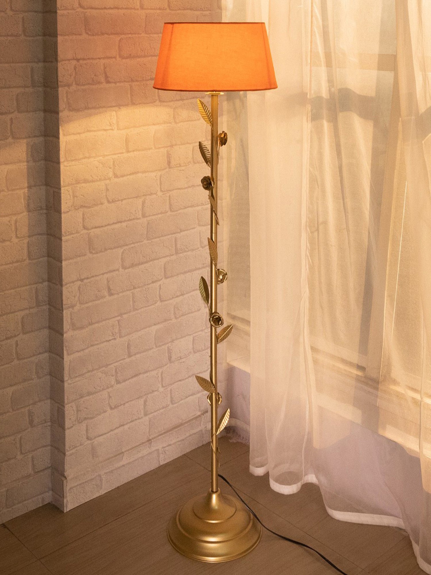 Homesake Orange & Golden Metal Standing Floor Lamp with Bulb and Floor Switch (Iron Legs)