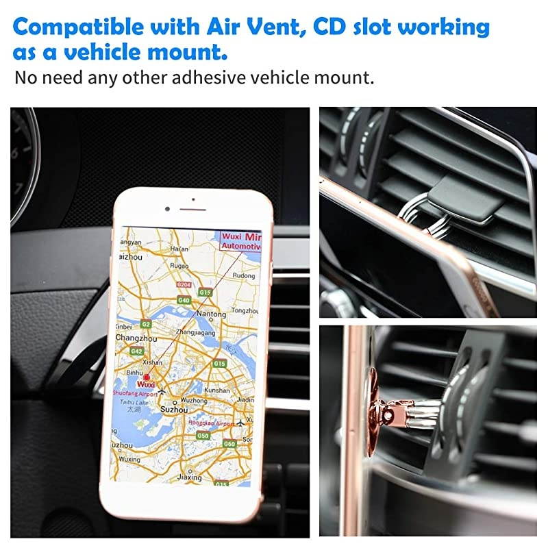 Ring Holder Stand 2 in 1 Universal Air Vent Car Mount and Finger Grip Ring with Strong Sticky Gel Pad Compatible with iX876sPlus Galaxy S9S8S7 Rose Gold