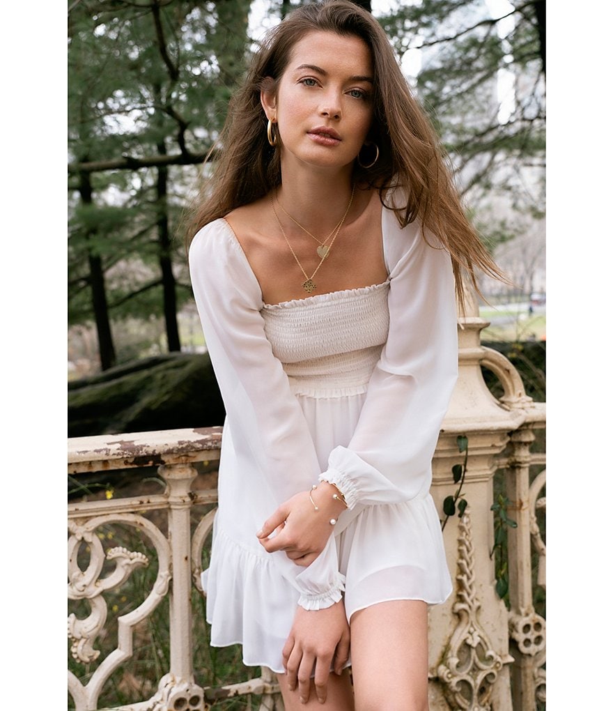 1. STATE Smocked Waist Ruffle Hem Square Neck Long Sheer Sleeve A-Line Dress