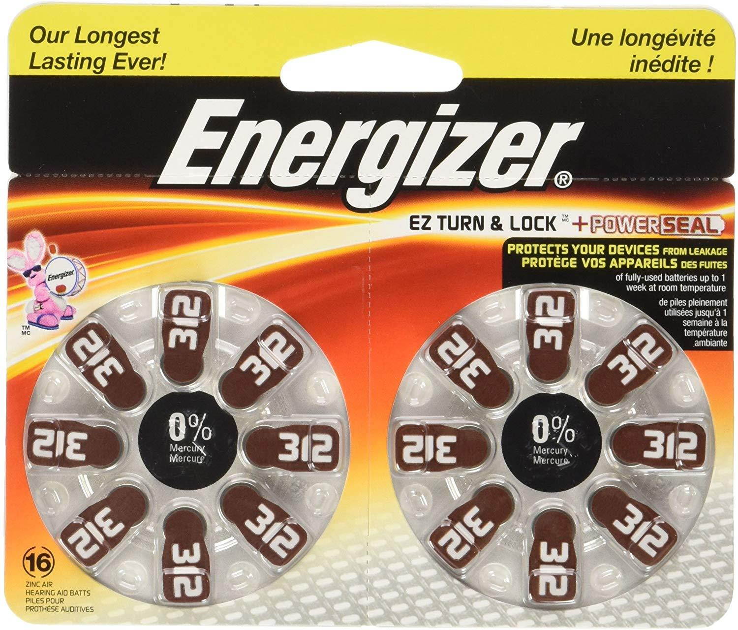 Energizer 312 Hearing Aid Batteries, 16 Per Pack, AZ312DP-16