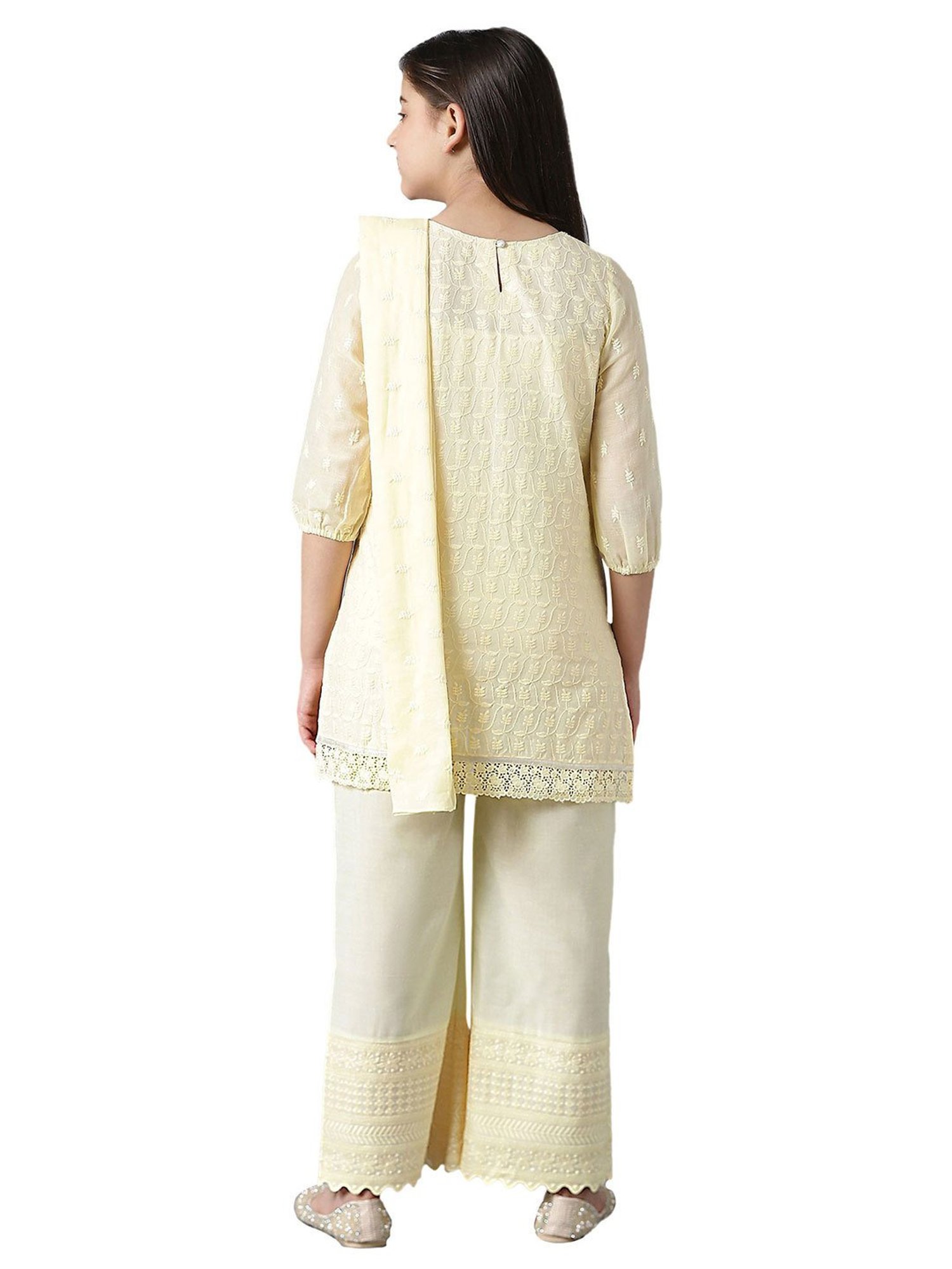 Aurelia Kids Light Yellow Embroidered Kurta with Palazzos & Dupatta