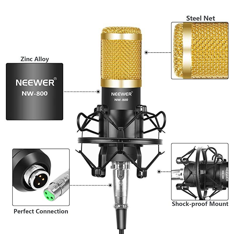 Professional Studio Broadcasting Recording Condenser Microphone & NW- 35 Adjustable Recording Microphone Suspension Scissor Arm Stand with Shock Mount and Mounting Clamp Kit