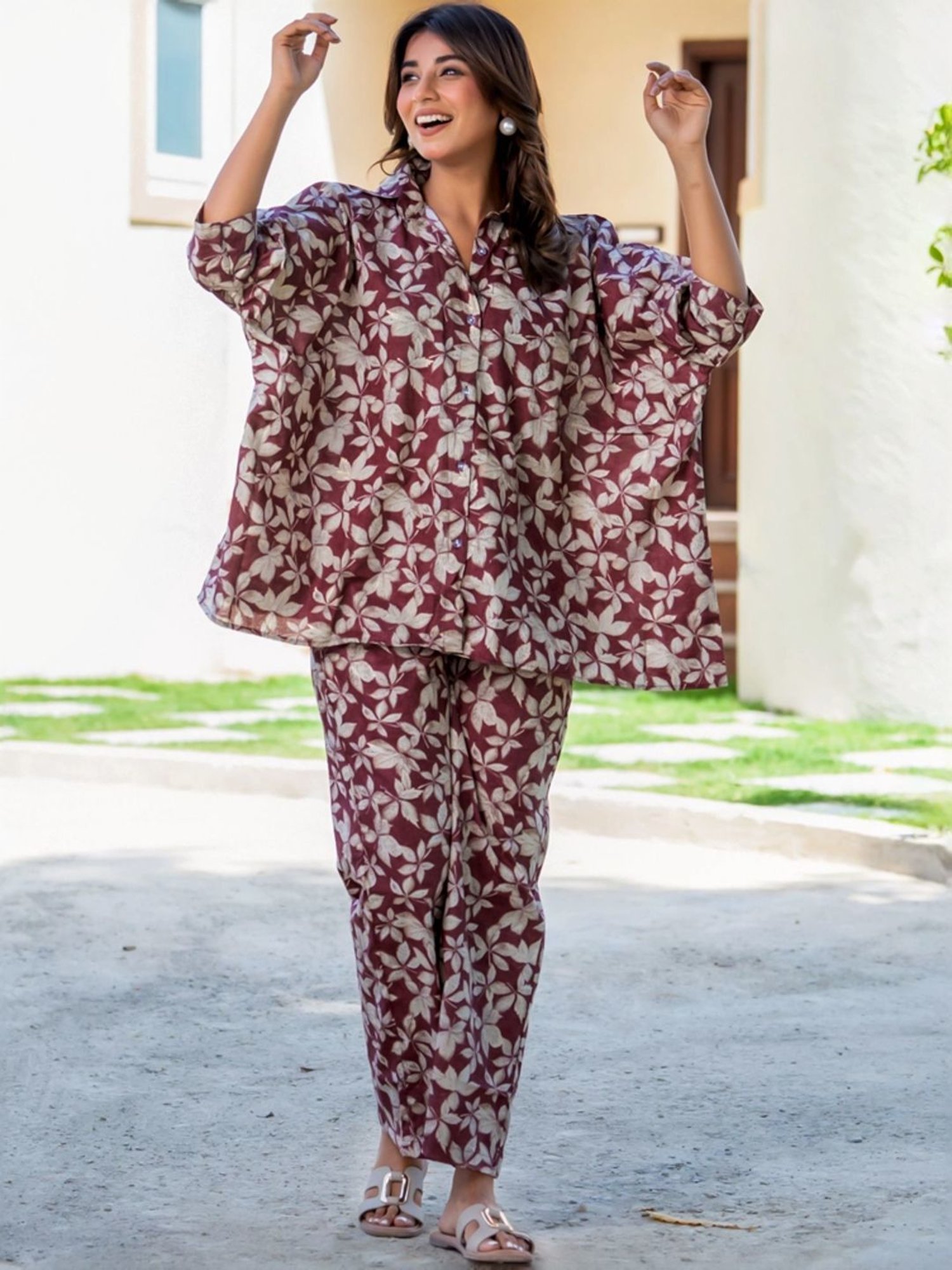 HOUSE OF JAMOTI Maroon Cotton Printed Tunic Pant Set