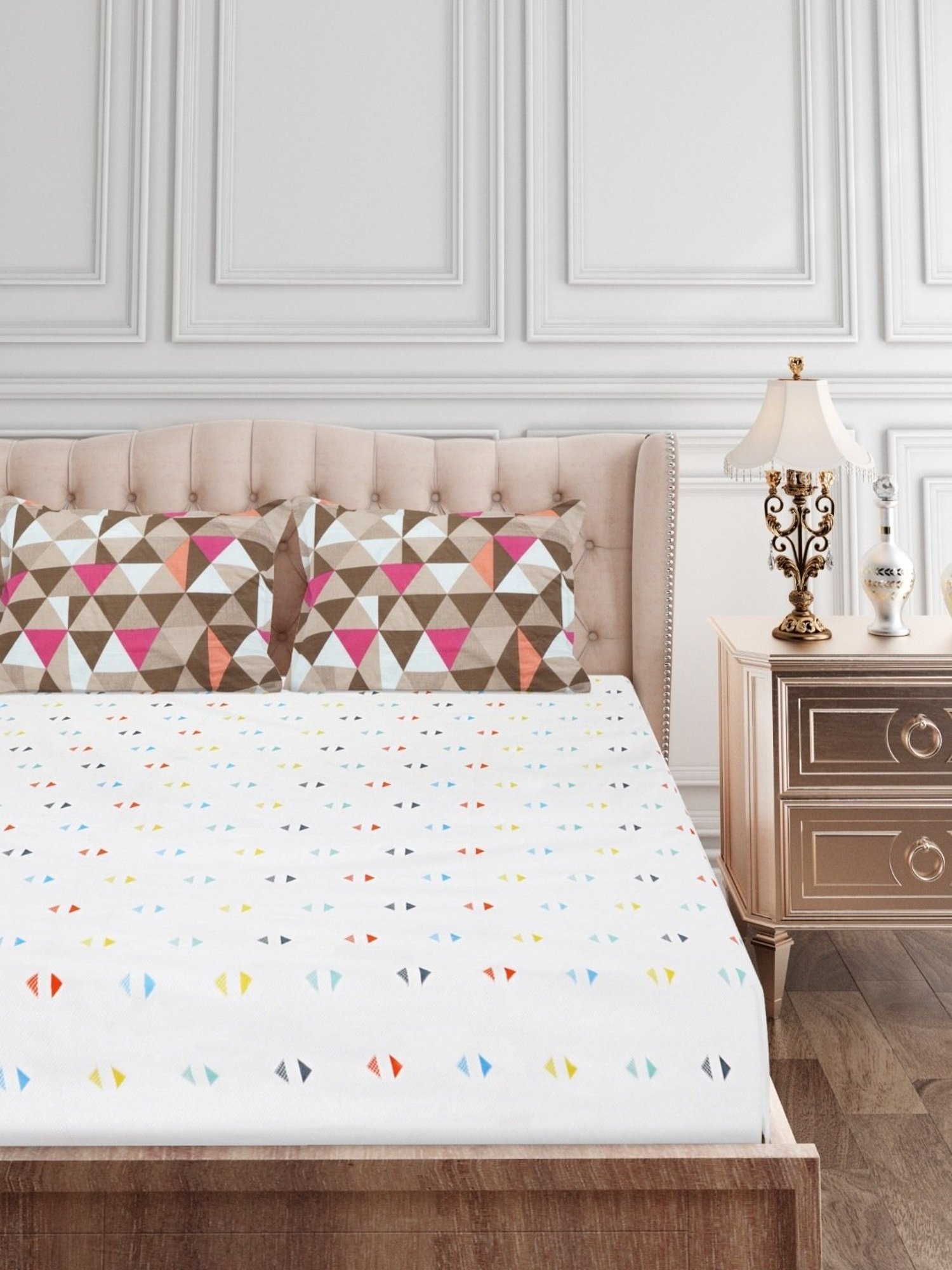 SEJ by Nisha Gupta Geometric Brown 160 TC Cotton Double Bed Sheet with 2 Pillow Covers