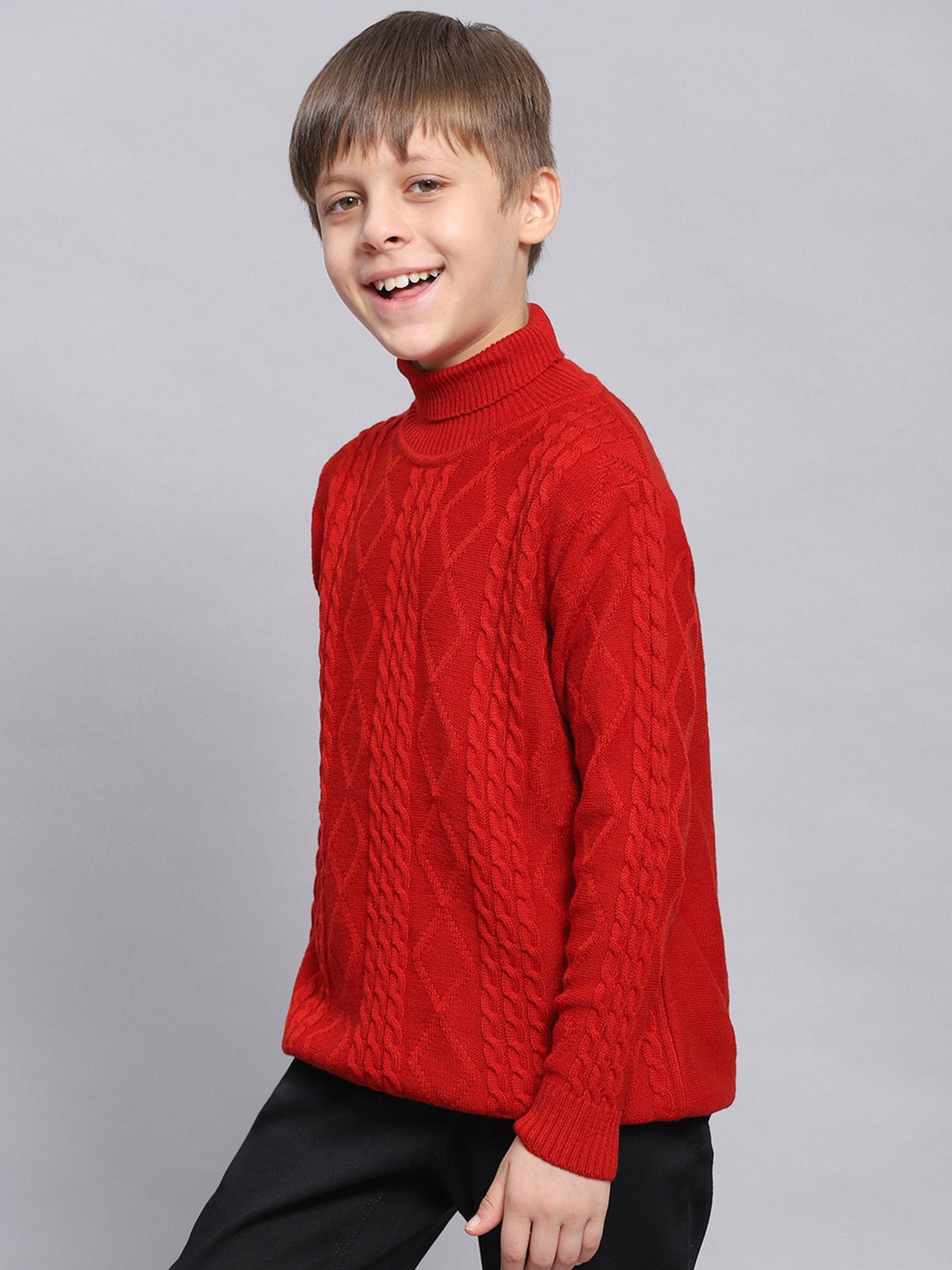 Monte Carlo Kids Red Self Design Full Sleeves Sweater