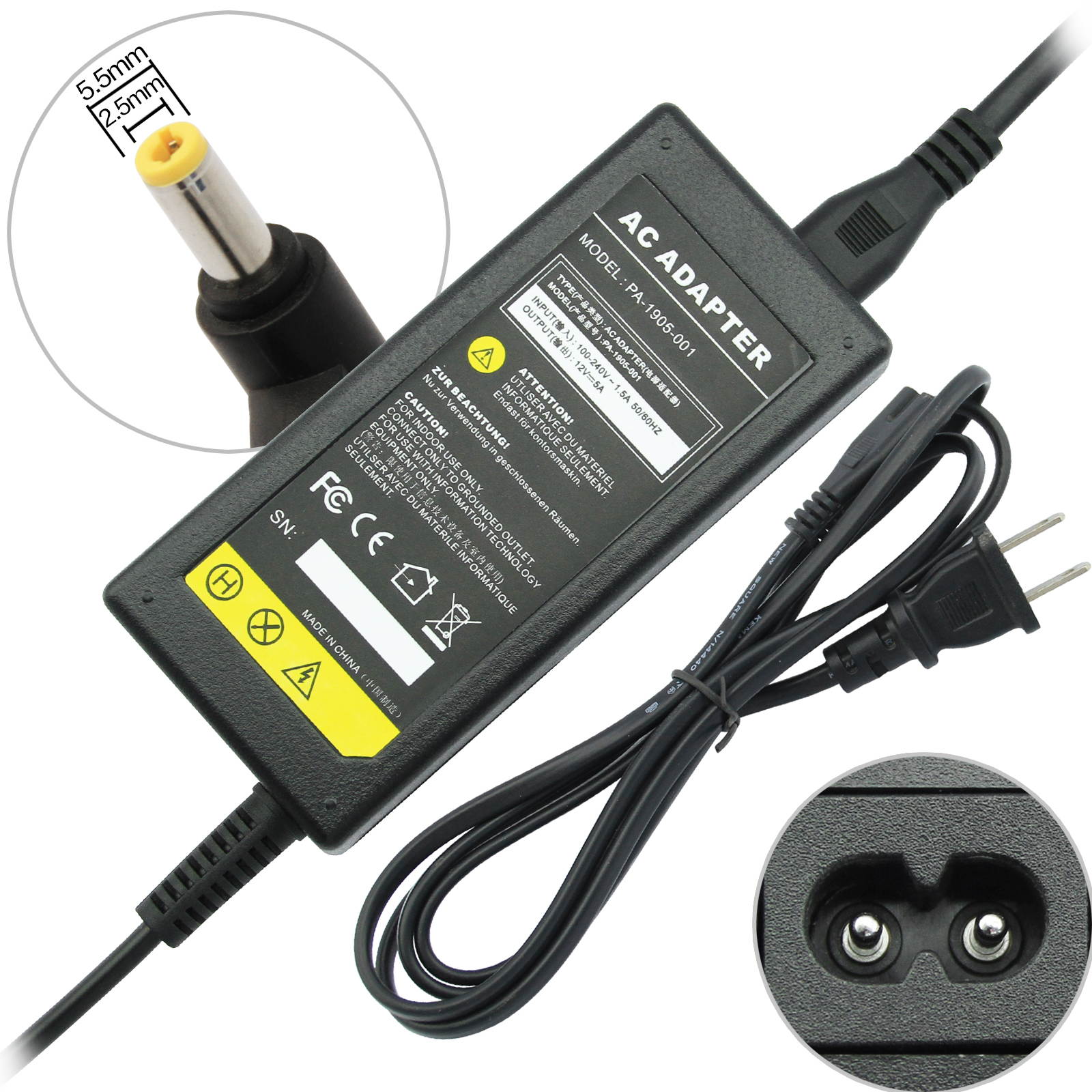 12V 5A AC DC Power Supply 5 Amp 12 Volt Adapter Charger LCD Screen 5.5mm * 2.5mm
