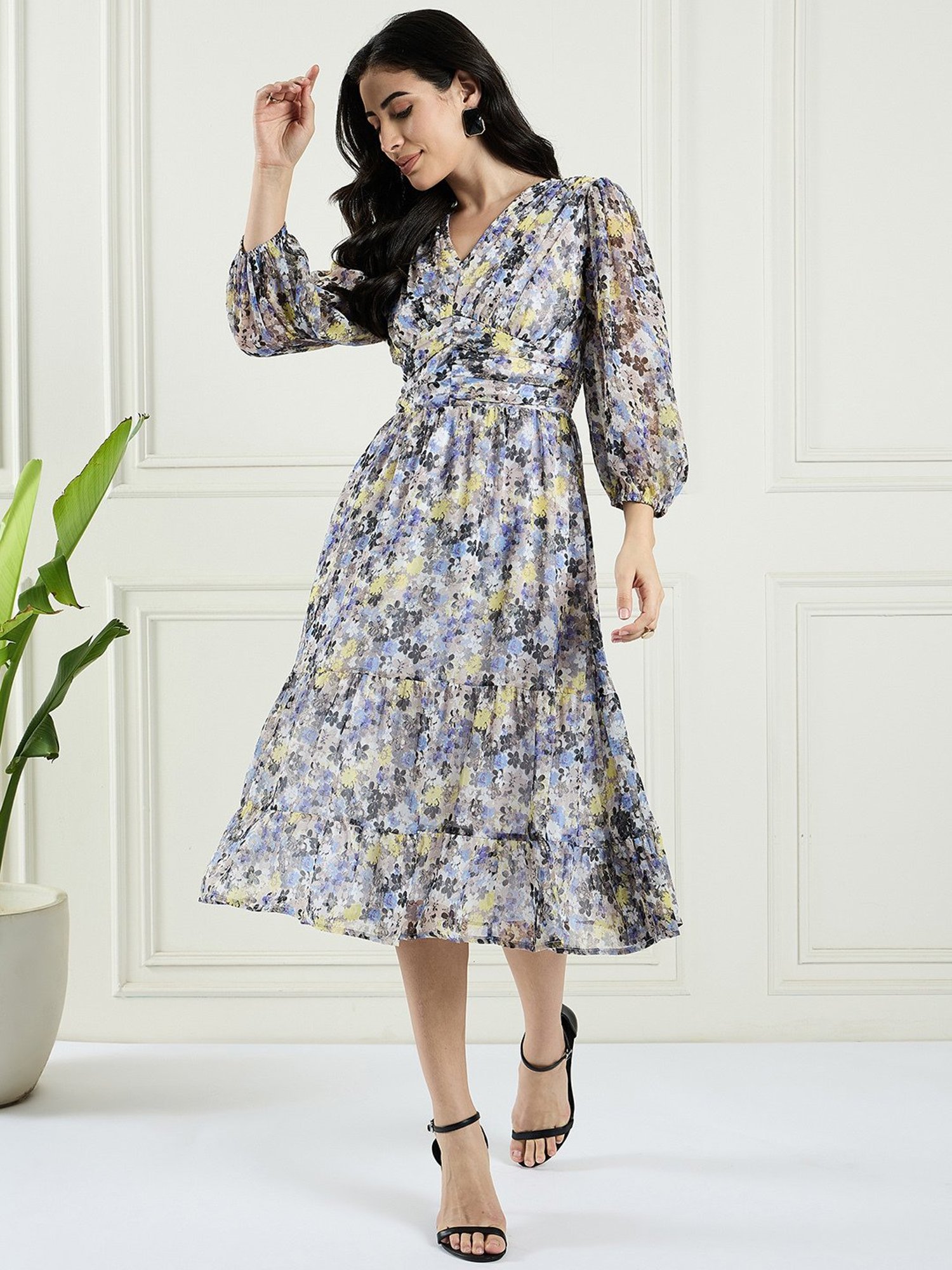 Magre Blue Floral Print Fit & Flare Dress