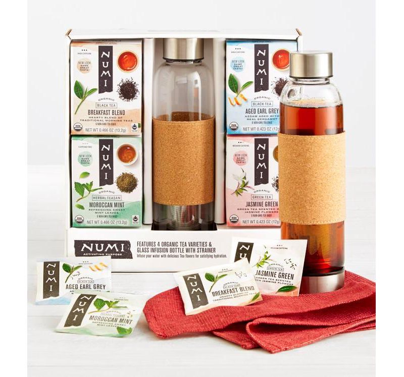 Numi Organic Tea Gift Set , Includes 16oz Glass Tea infusion Bottle with Strainer and 4 organic tea varieties (24 tea bags)