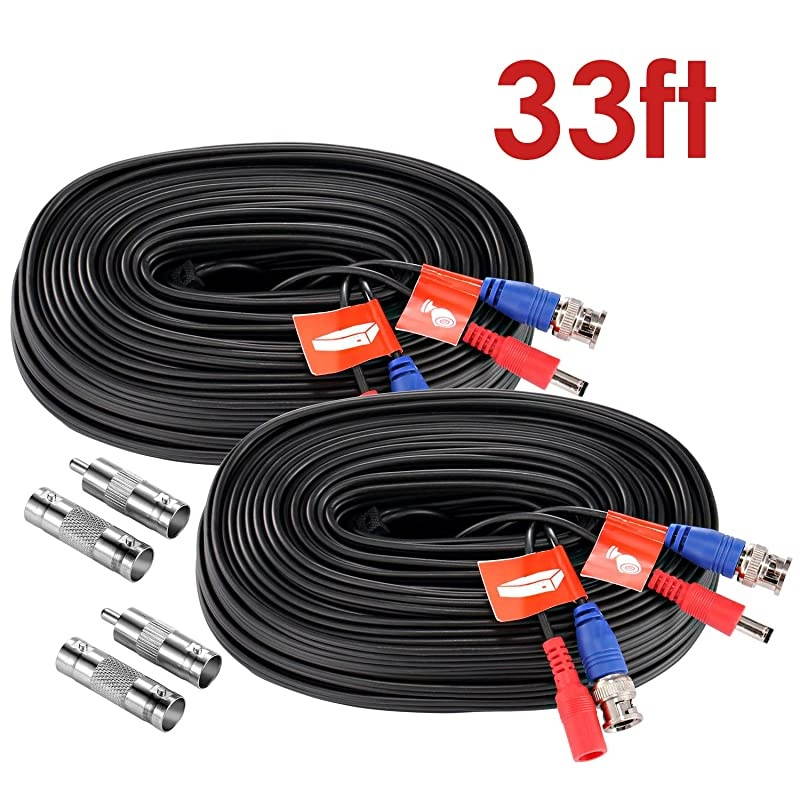 2 10M 33ft Allinone BNC Video Power Cables BNC Extension CCTV Cord for Security Camera dvr Wire System 2 Pack Black with BNC RCA Connector