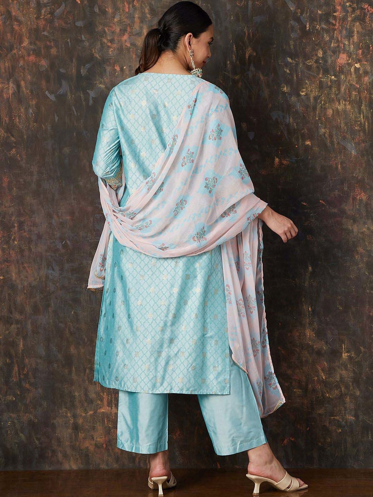 Melange by Lifestyle Blue Embroidered Kurta Pant Set With Dupatta