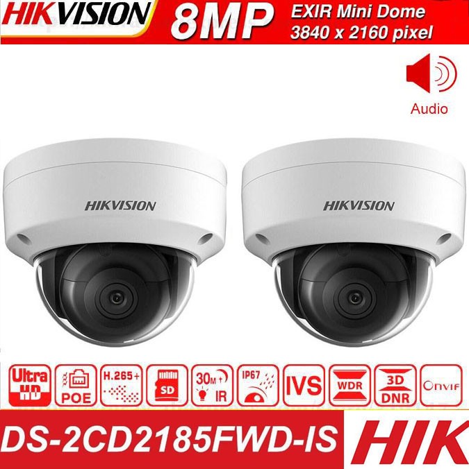 Hikvision New Original English version Dome IP POE DS-2CD2185FWD-IS 8MP Outdoor H.265 Updatable CCTV Camera With Audio and Alarm Interface security Camera, (8MP, 2.8 Fixed Lens, 2Pcs)
