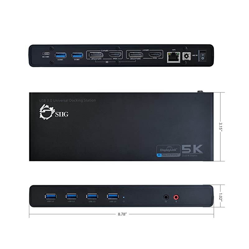 USB Type C 4K Dual Monitor Docking Station - Dual 4K@60HZ or Single 5K@60Hz Video Laptop Dock - Thunderbolt 3 Compatible (2 HDMI, 2 DisplayPort Outputs, Gigabit Ethernet, 6 USB 3.0 Ports)