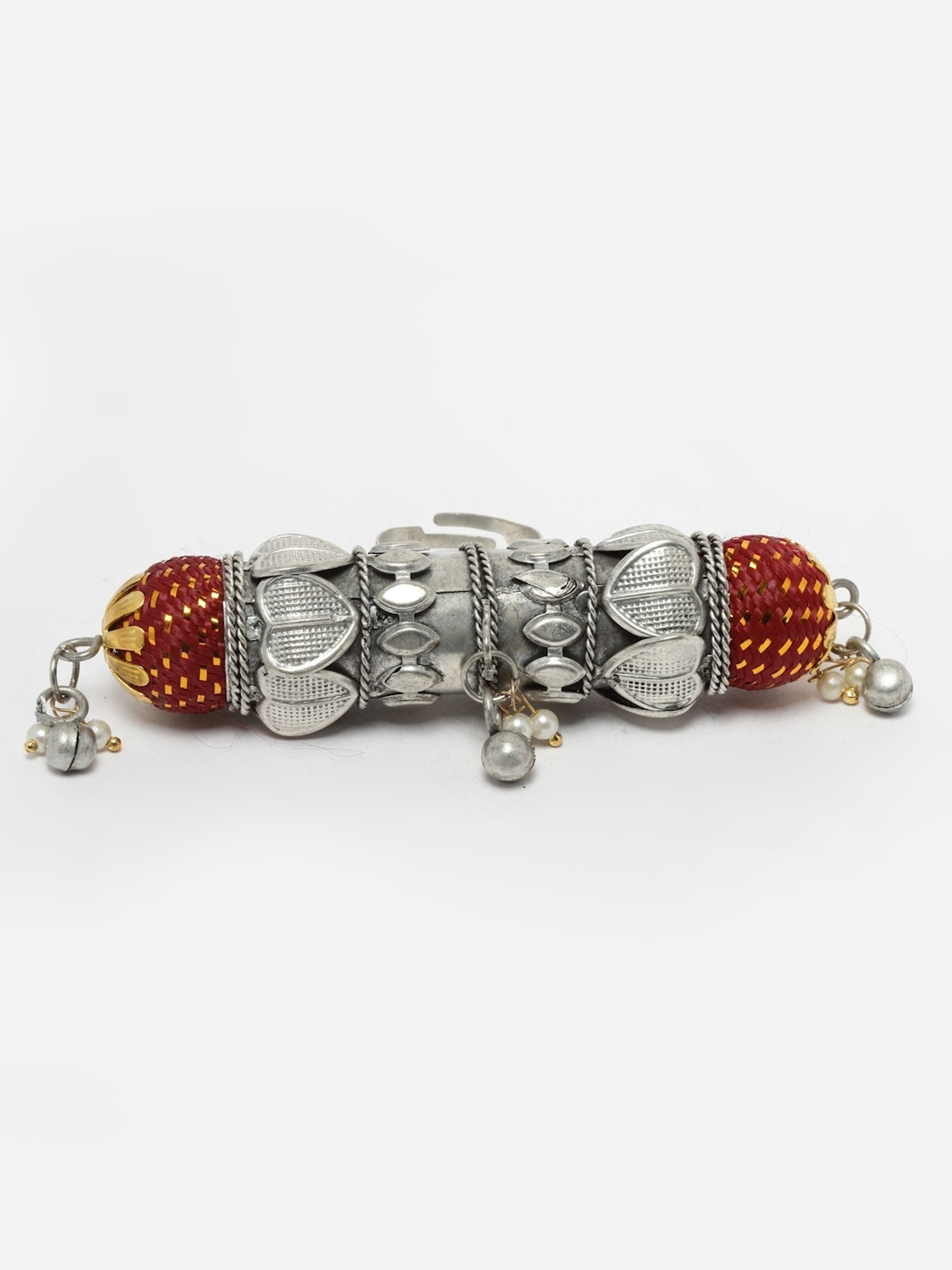 Moedbuille Handwoven Antique Temple Design Oxidised Silver Plated Tribal Filigree Finger Ring