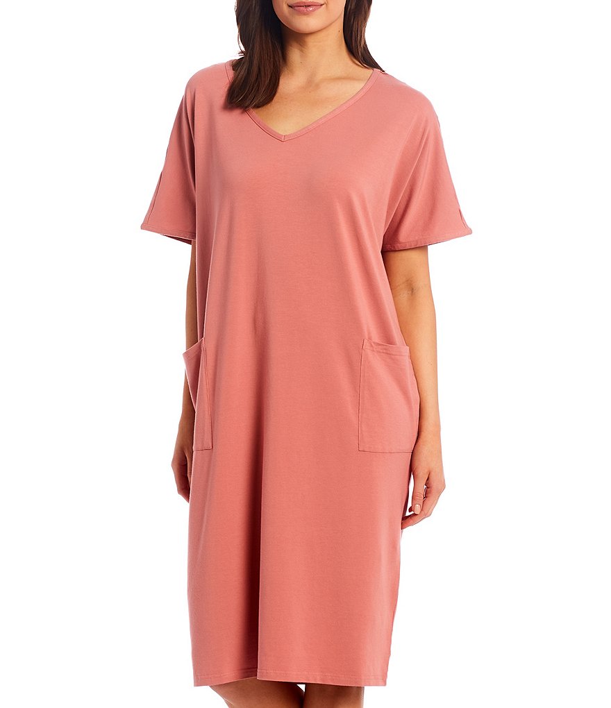 Kate Landry Solid Knit V-Neck Short Sleeve Midi Lounge Dress