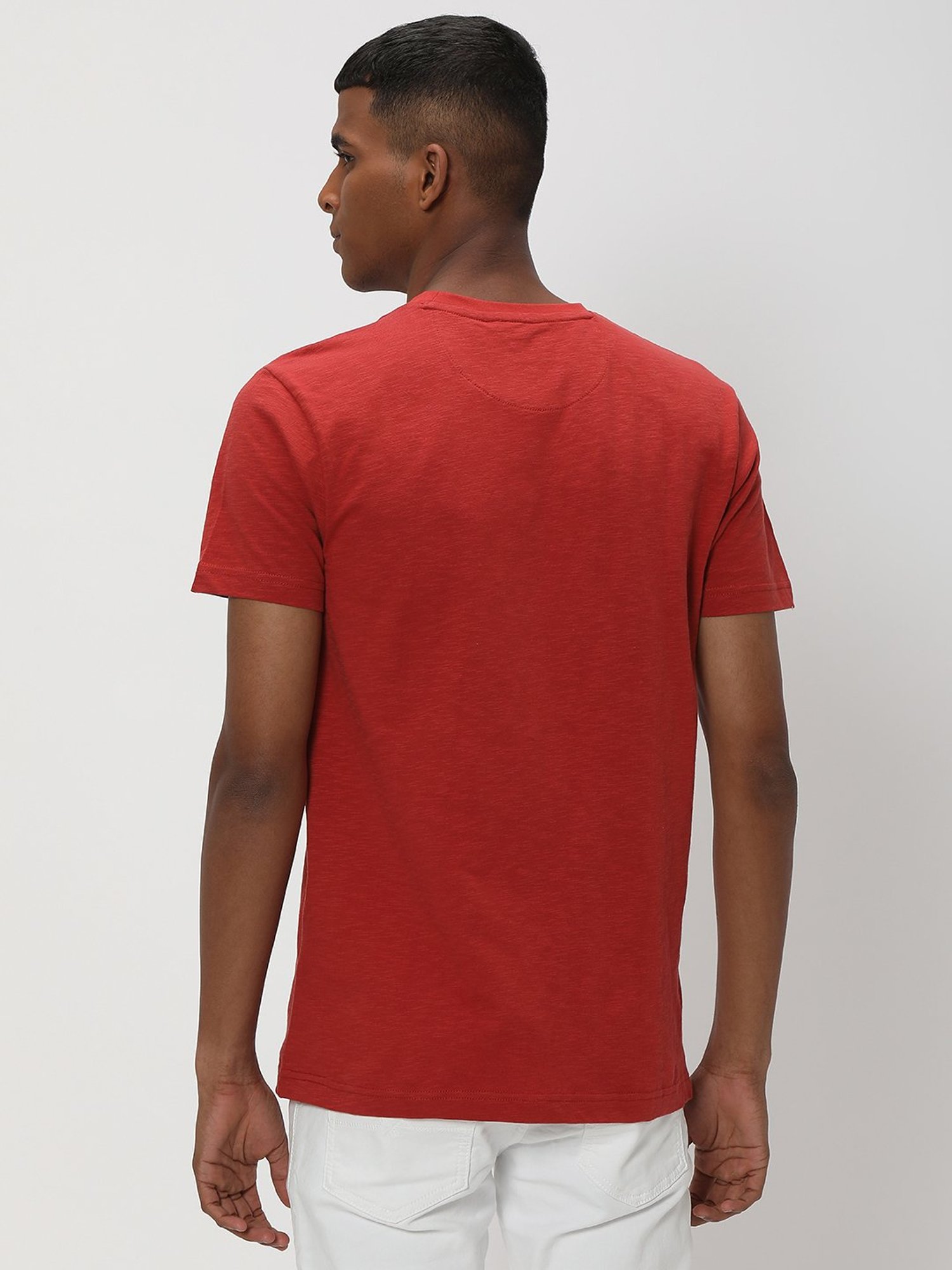 Mufti Red Slim Fit Printed Cotton Crew T-Shirt