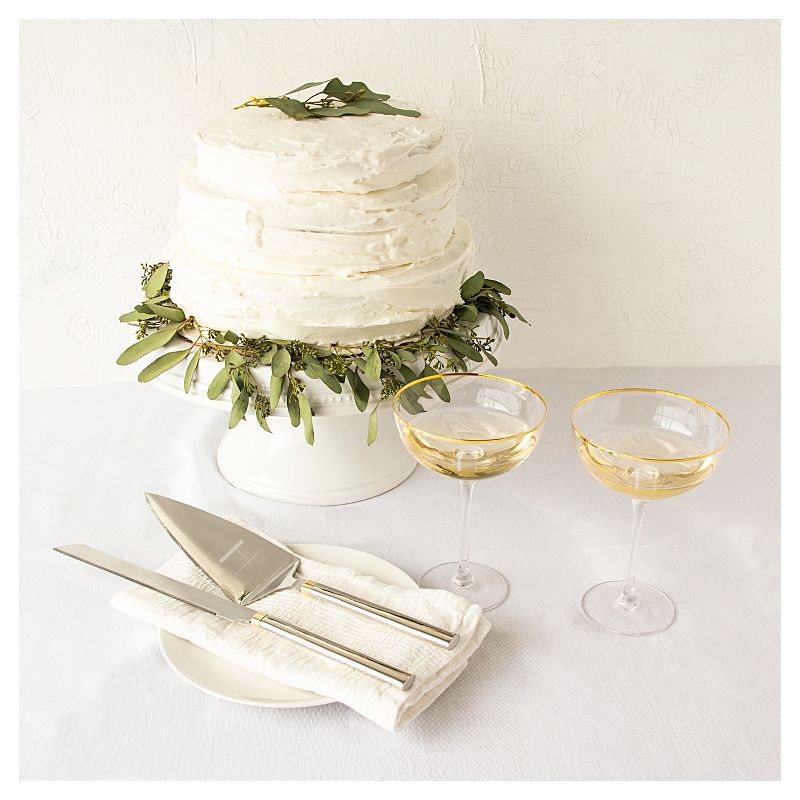 "H" Couple Flutes and Cake Serving Set Gold Rim