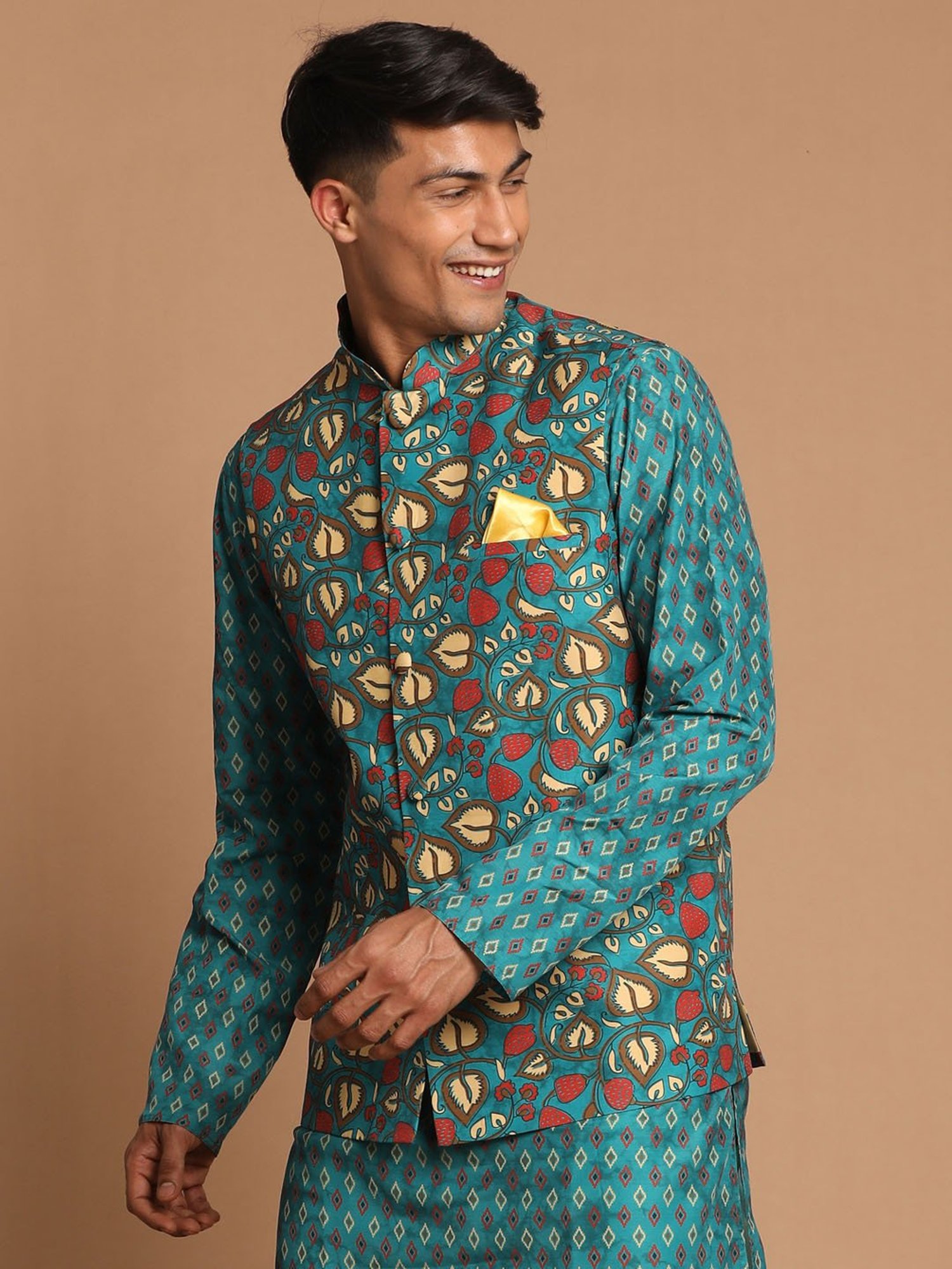 VASTRAMAY Teal Green Regular Fit Printed Nehru Jacket