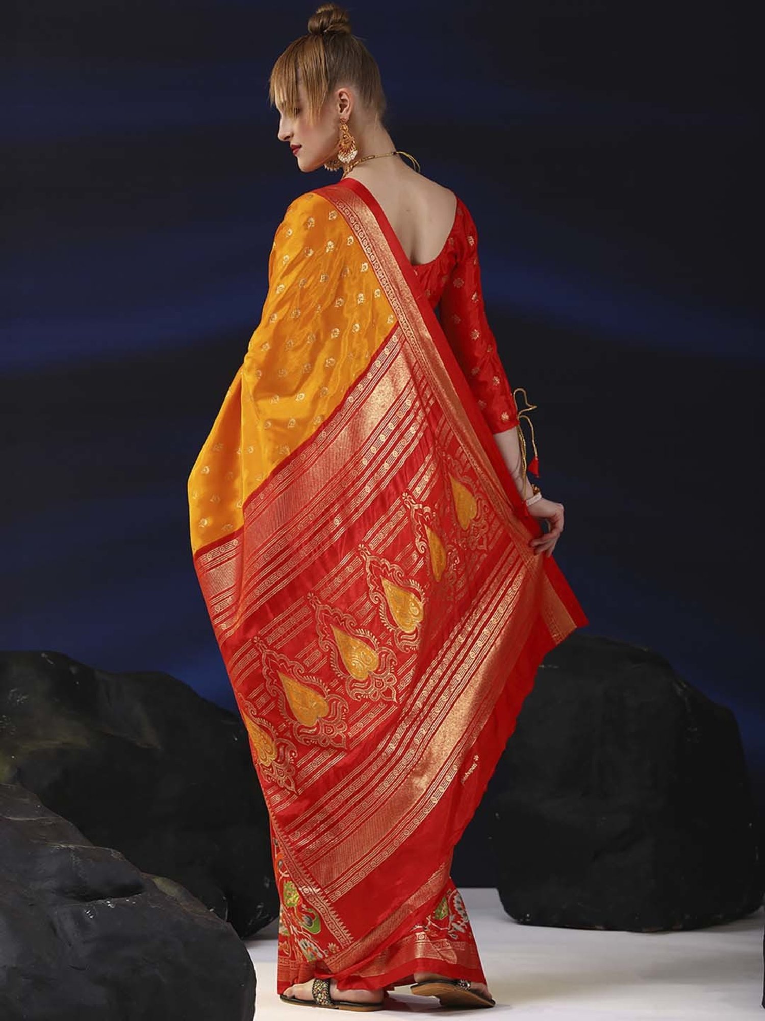 Saree Mall Yellow & Red Silk Woven Saree With Unstitched Blouse