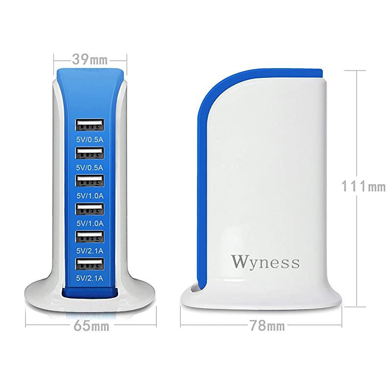 Tower Power Adapter 6Port Smart IC Tech Charging Station with Quick Charge 21 for Phone Tablets and More Blue