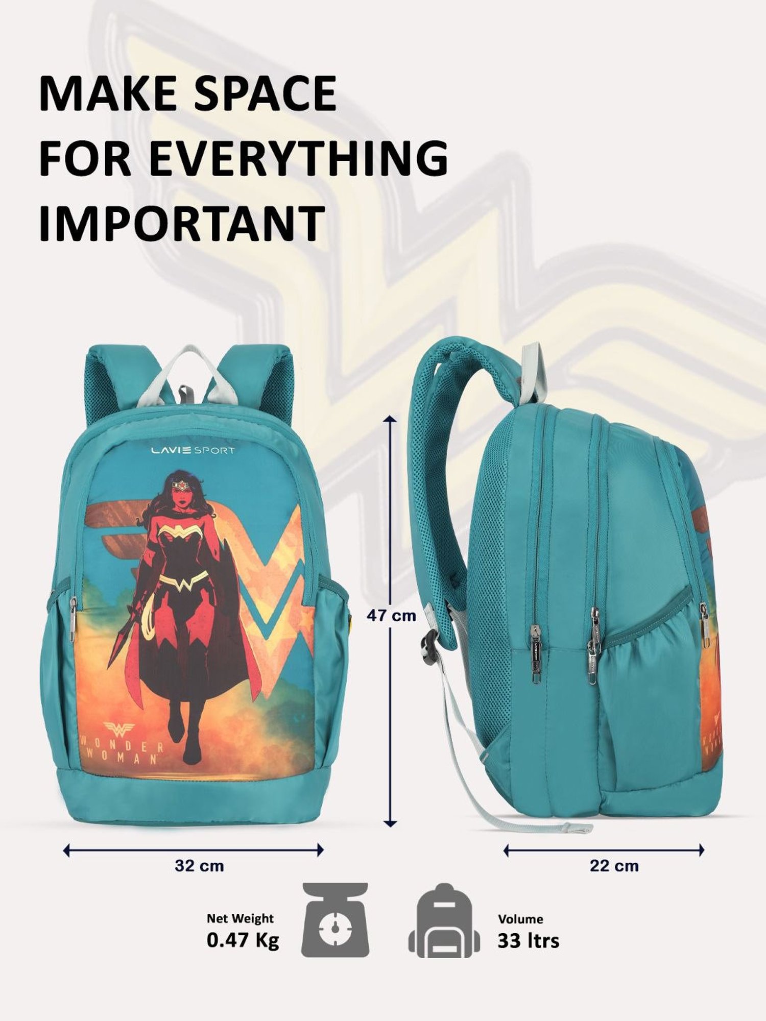 Lavie Sport Wonder woman 33L College Laptop Backpack For Boys & Girls (Teal)