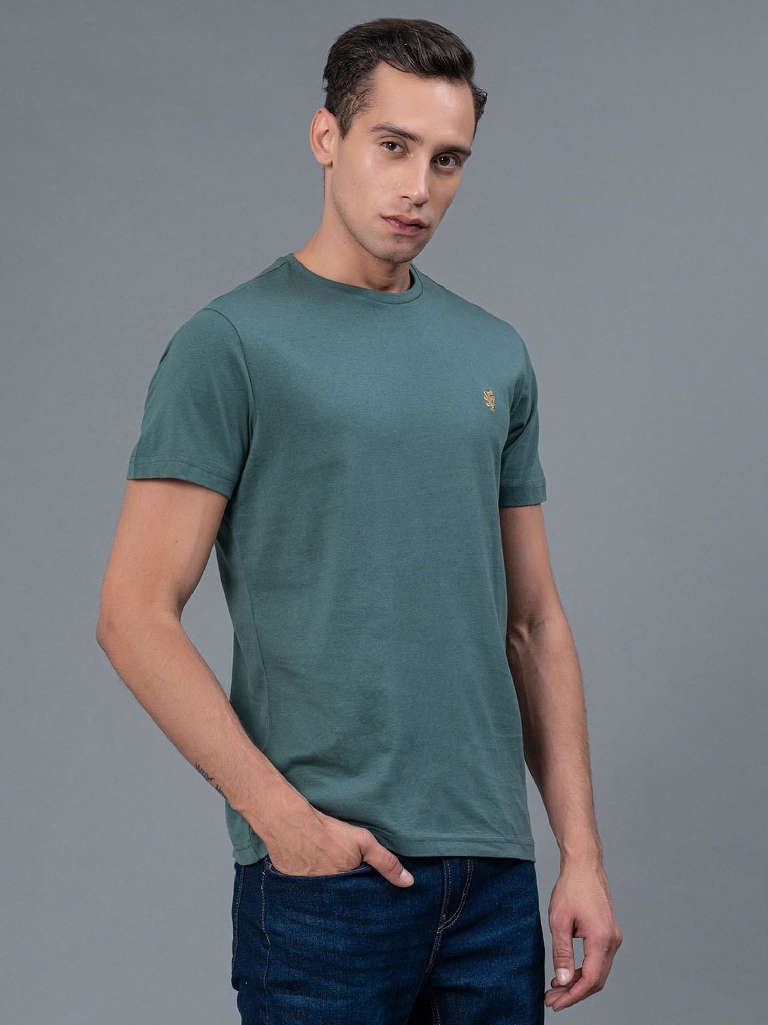 Red Tape Slate Green Regular Fit Cotton Crew T-Shirt
