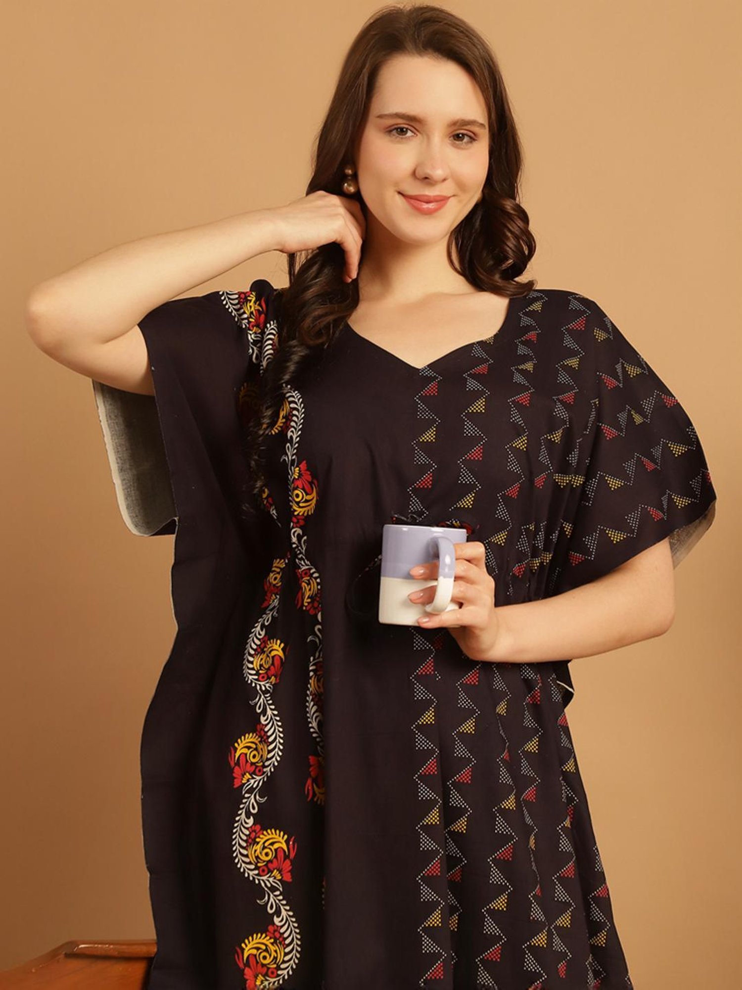 Secret Wish Black Cotton Printed Kaftan