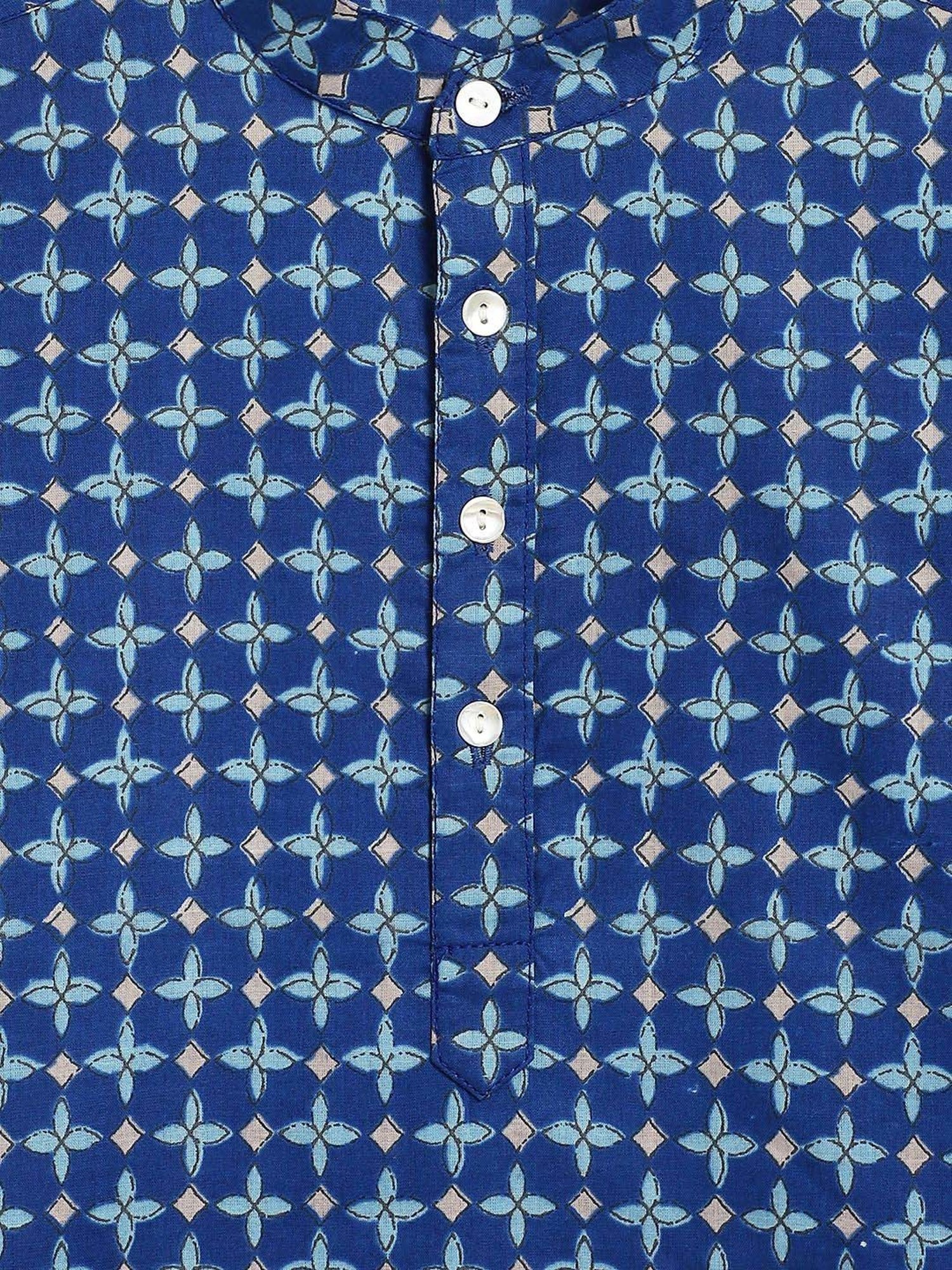 Campana Kids Blue & White Cotton Printed Full Sleeves Kurta & pyjama