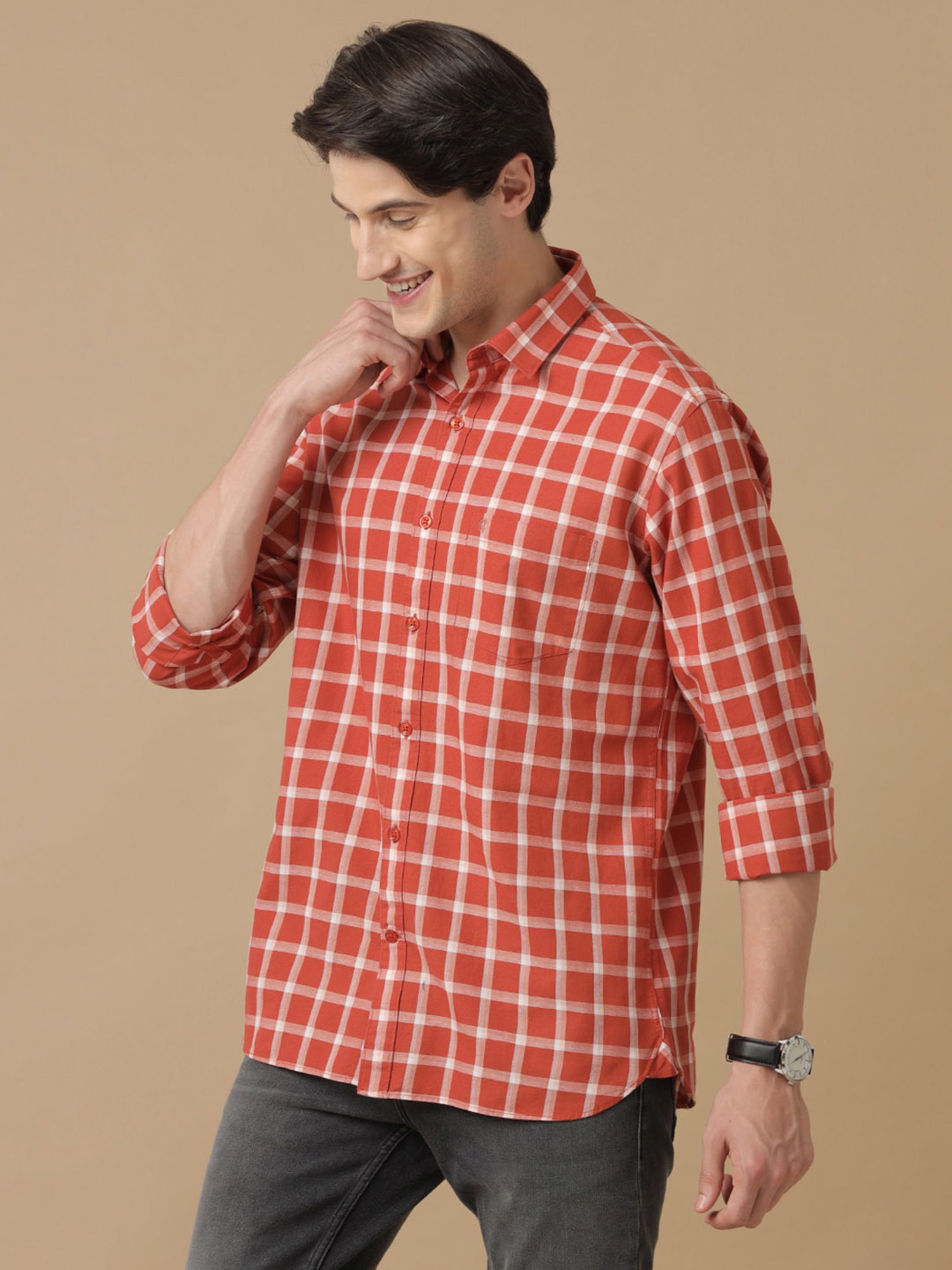 CAVALLO by Linen Club Orange Contemporary Fit Check Shirt