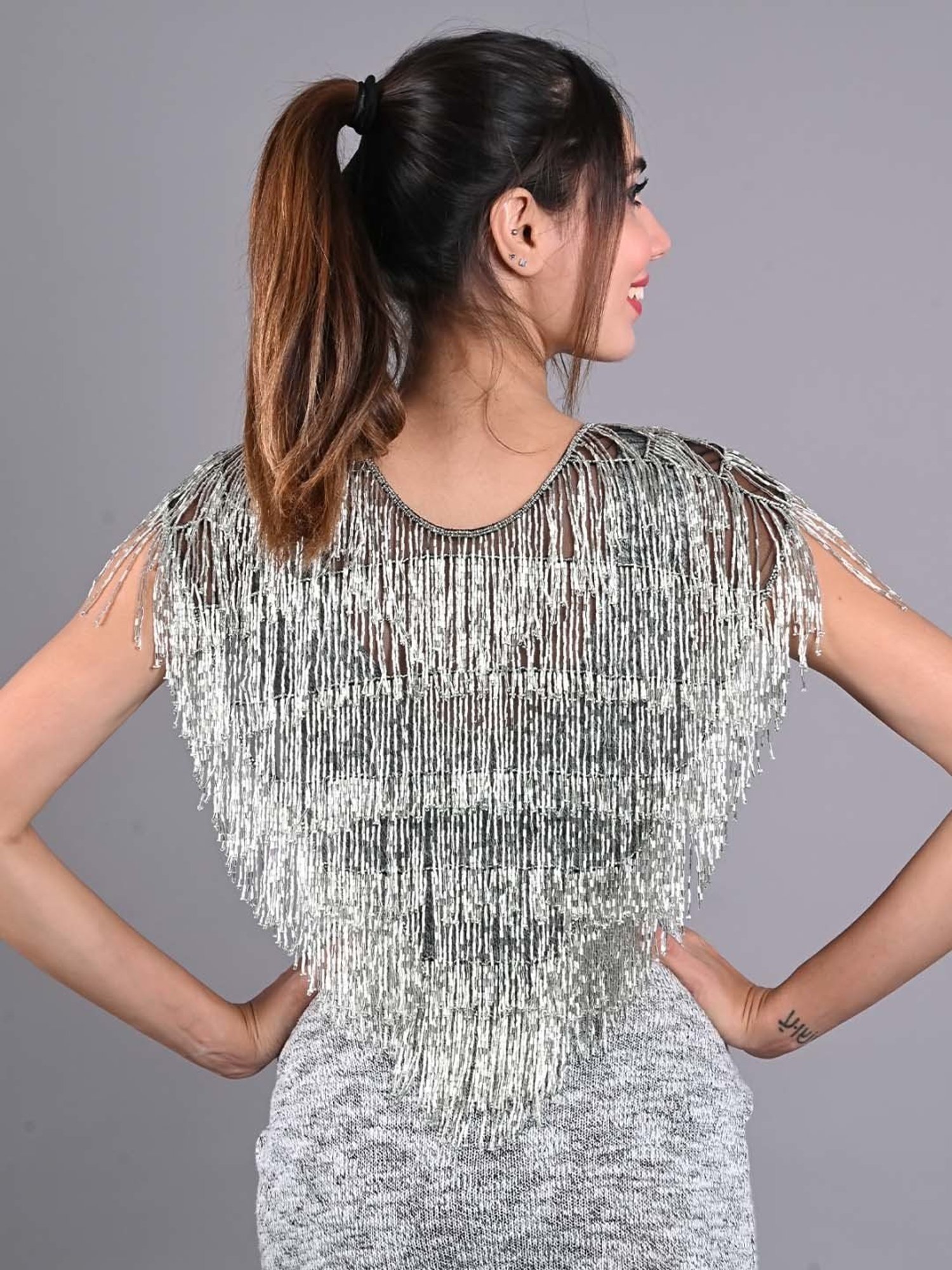 Odette Silver Embellished Fancy Short Cape