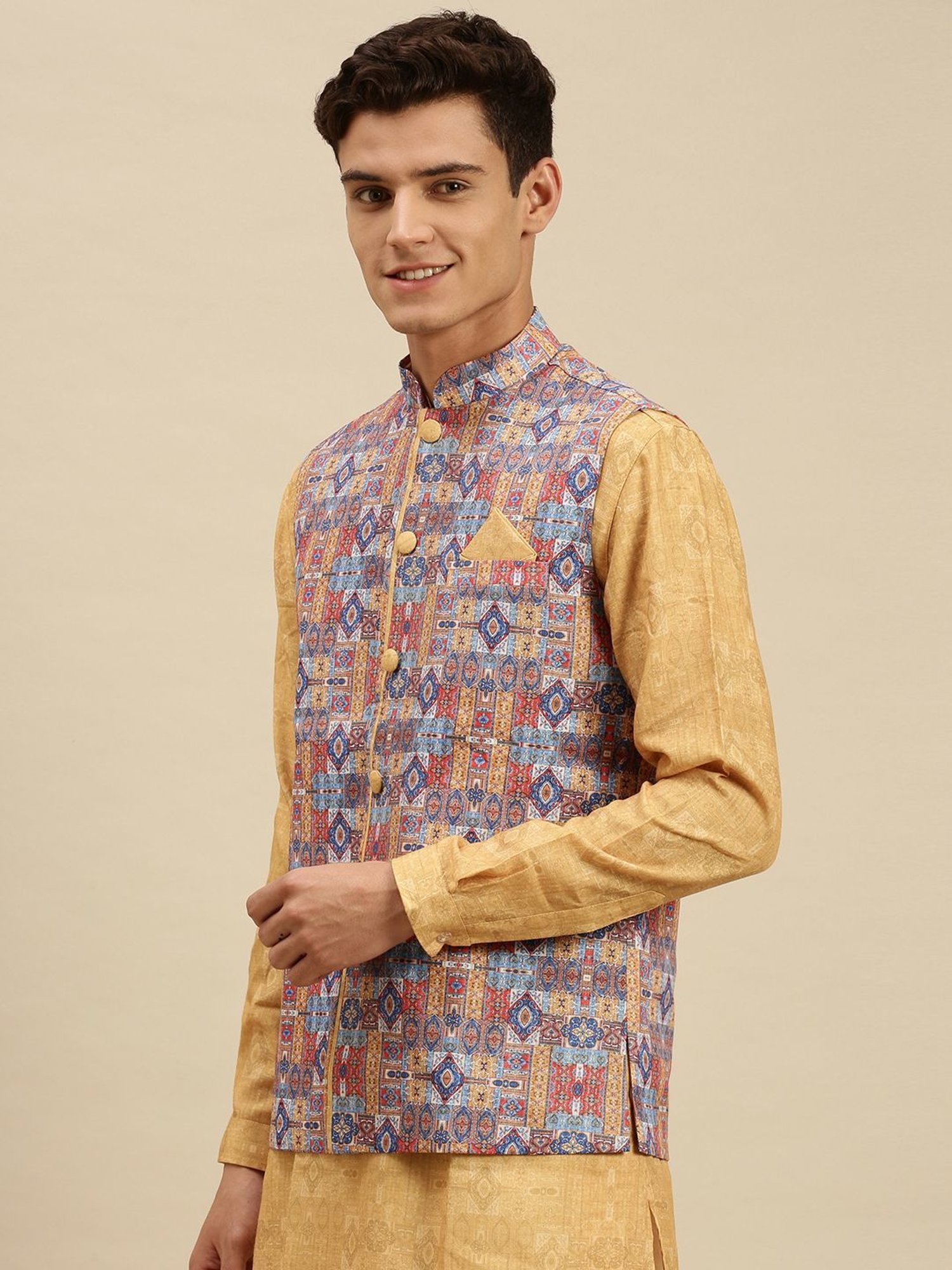 Sanwara Beige Regular Fit Printed Kurta Set With Jacket