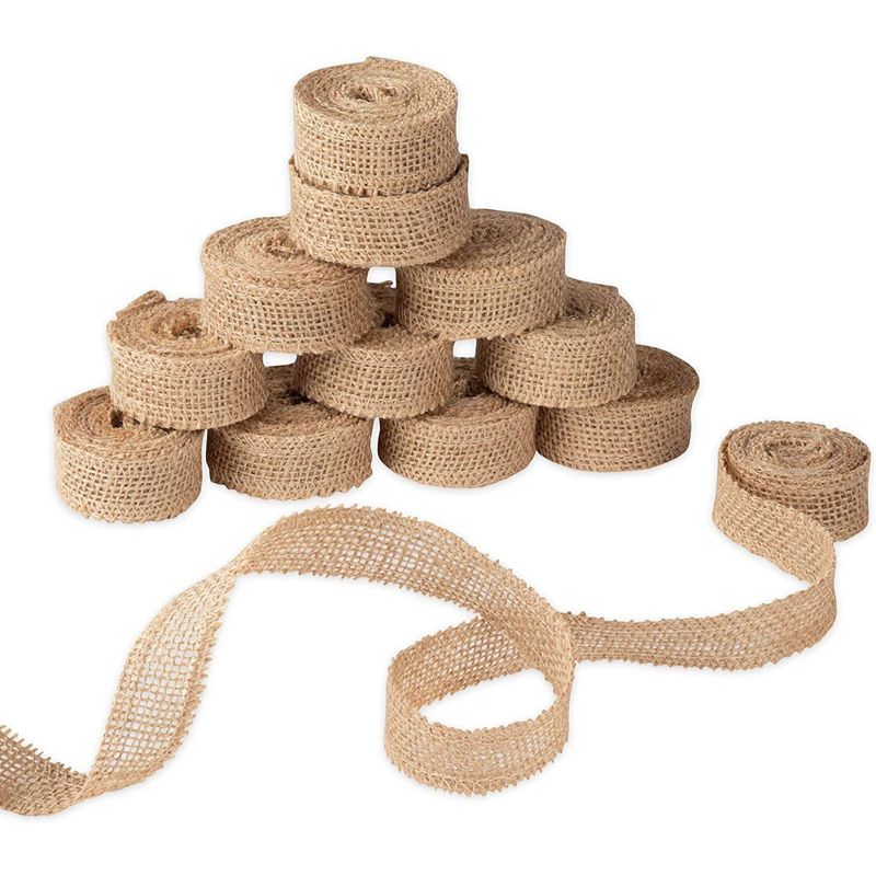 Genie Crafts 12 Pack 1-Inch Brown Burlap Fabric Roll, Ribbon for Arts and Crafts, 2.2 Yards