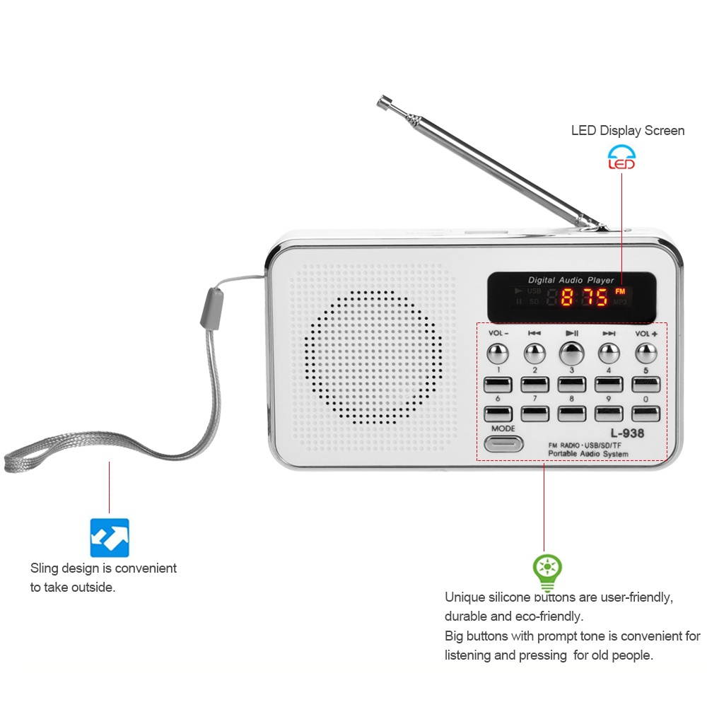 L-938 Mini FM Radio Digital Portable 3W Stereo Speaker MP3 Audio Player High Fidelity Sound Quality w/ 1.5 Inch Display Screen Support USB Drive TF SD MMC Card AUX-IN Earphone-out