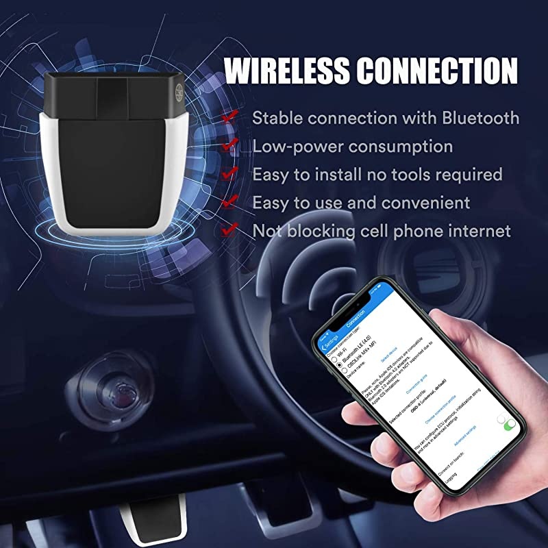 Wireless Bluetooth OBD2 Scanner Car Engine Fault Code Reader, CAN Diagnostic Scan Tool for OBDII Protocol Cars Since 1996, App Compatible with Android and iPhone