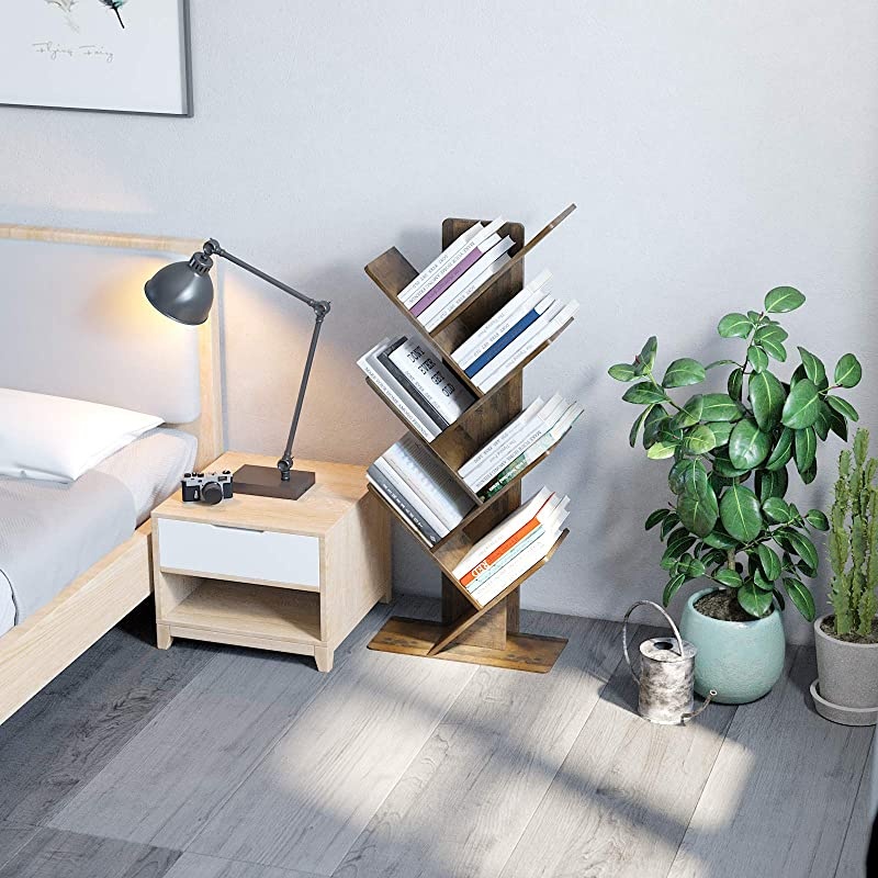 Tree Bookshelf, Bookcase, Bamboo Book Rack, Storage Shelves in Living Room, Free-Standing Books Holder Organizer, Space Saver for Home, Office, Kid's Room Retro Brown