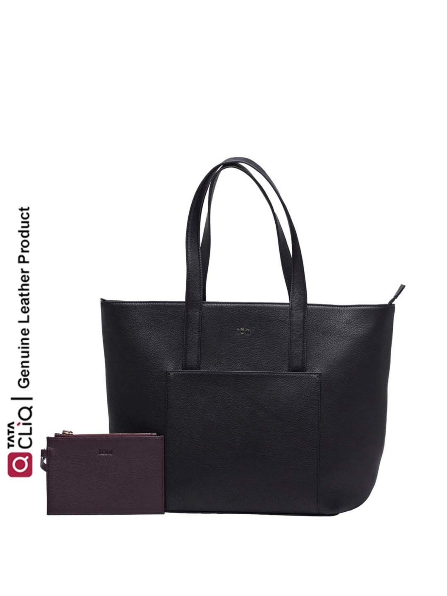 Tohl Black Solid Extra Large Tote Handbag with Pouch